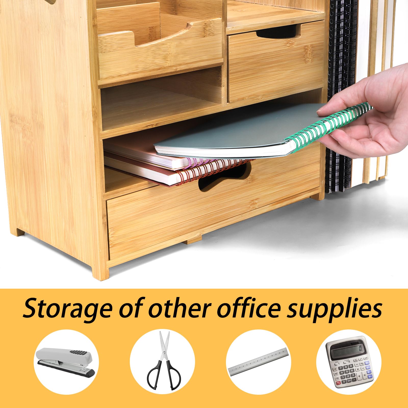 ZOOFOX Bamboo Desk Organizer with Adjustable File Holder, Mail Organizer Countertop with Drawer