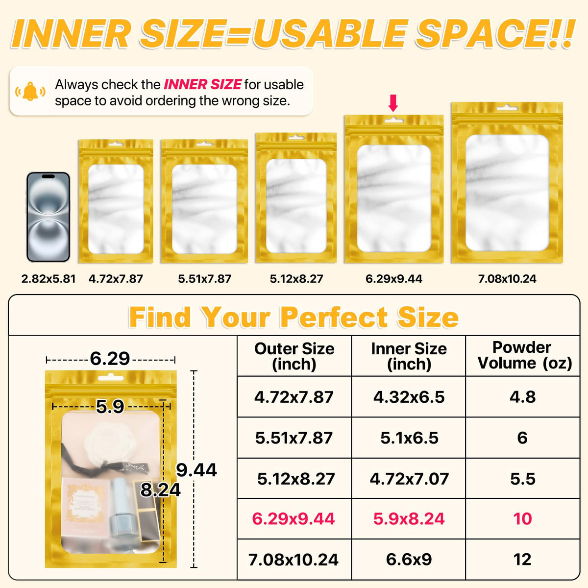ANZNKU 100Pcs Gold Mylar Bags, Resealable Smell Proof Zip Goodie Baggies