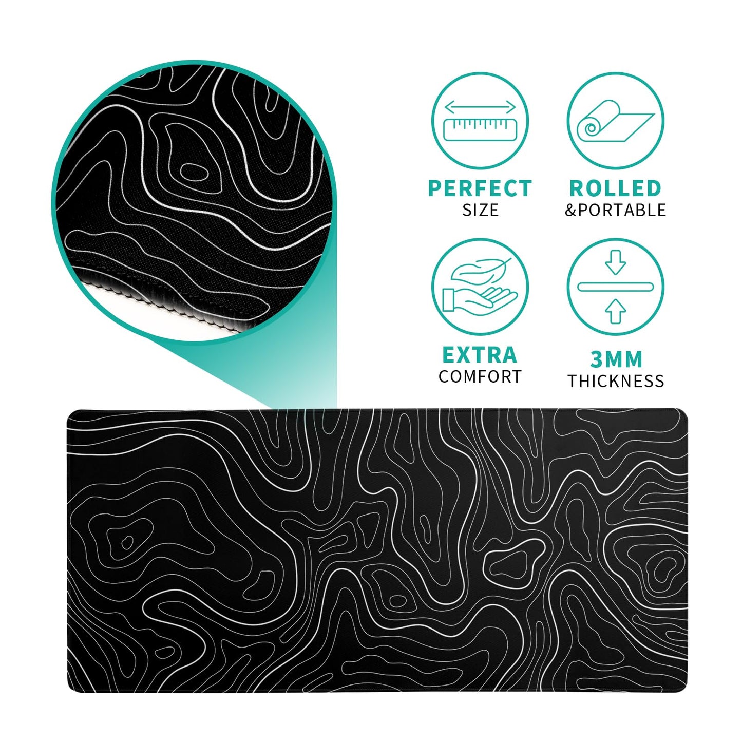 Topographic Contour Black Gaming Mouse Pad XL Geographic Map Lines Extended Big Large Desk Mat