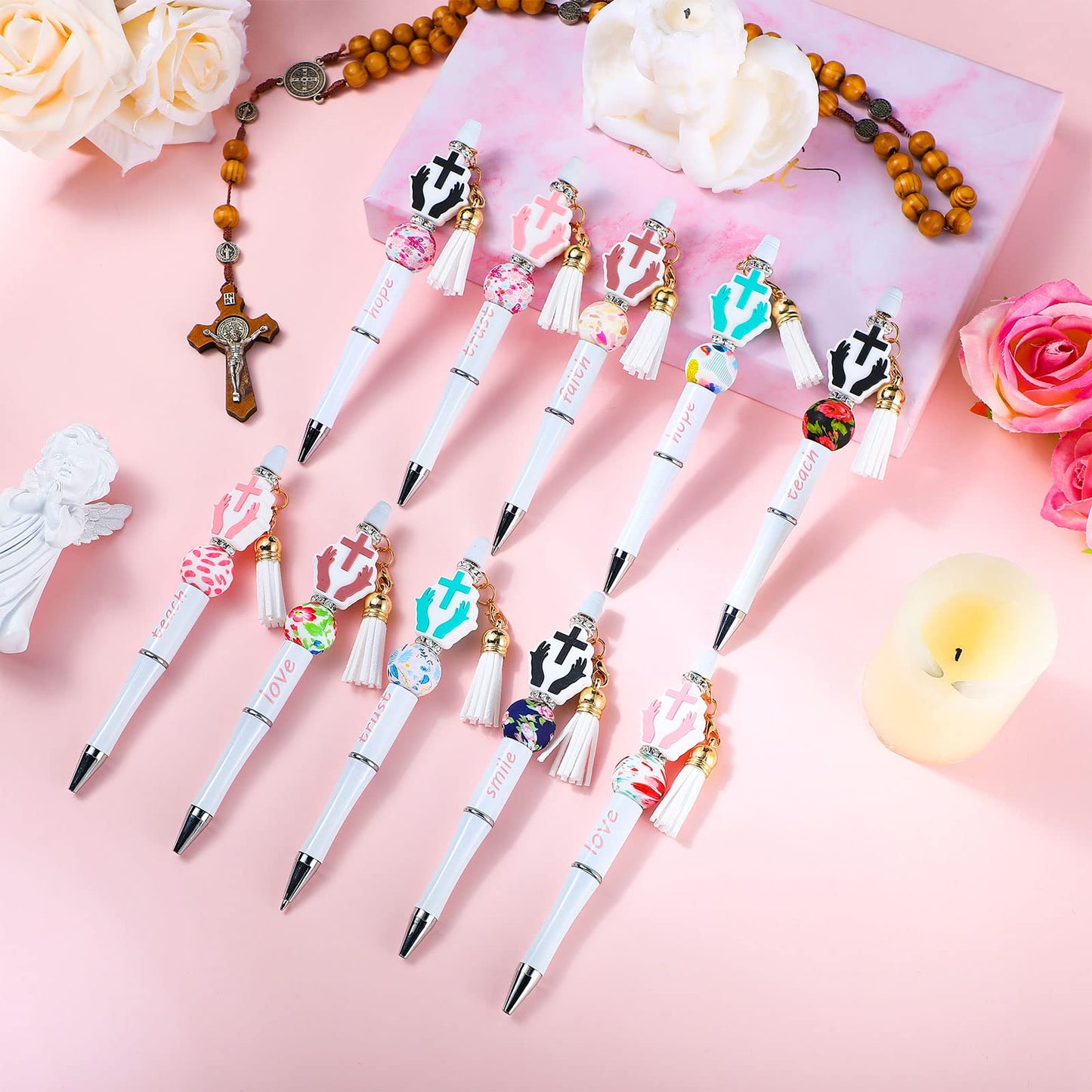 Teling 12 Sets Inspirational Beadable Pens Black Ink Ballpoint Beaded Pen