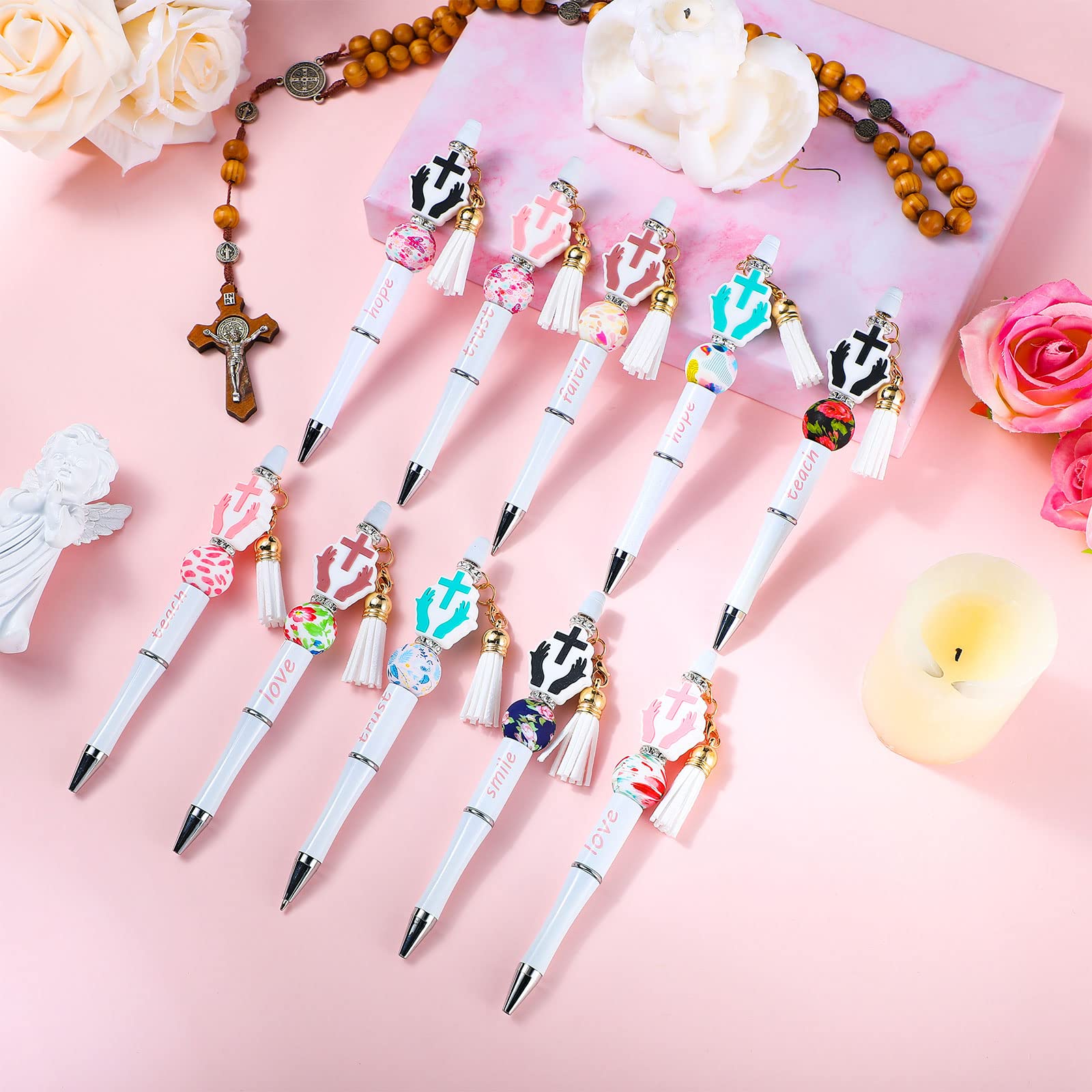 Teling 12 Sets Inspirational Beadable Pens Black Ink Ballpoint Beaded Pen