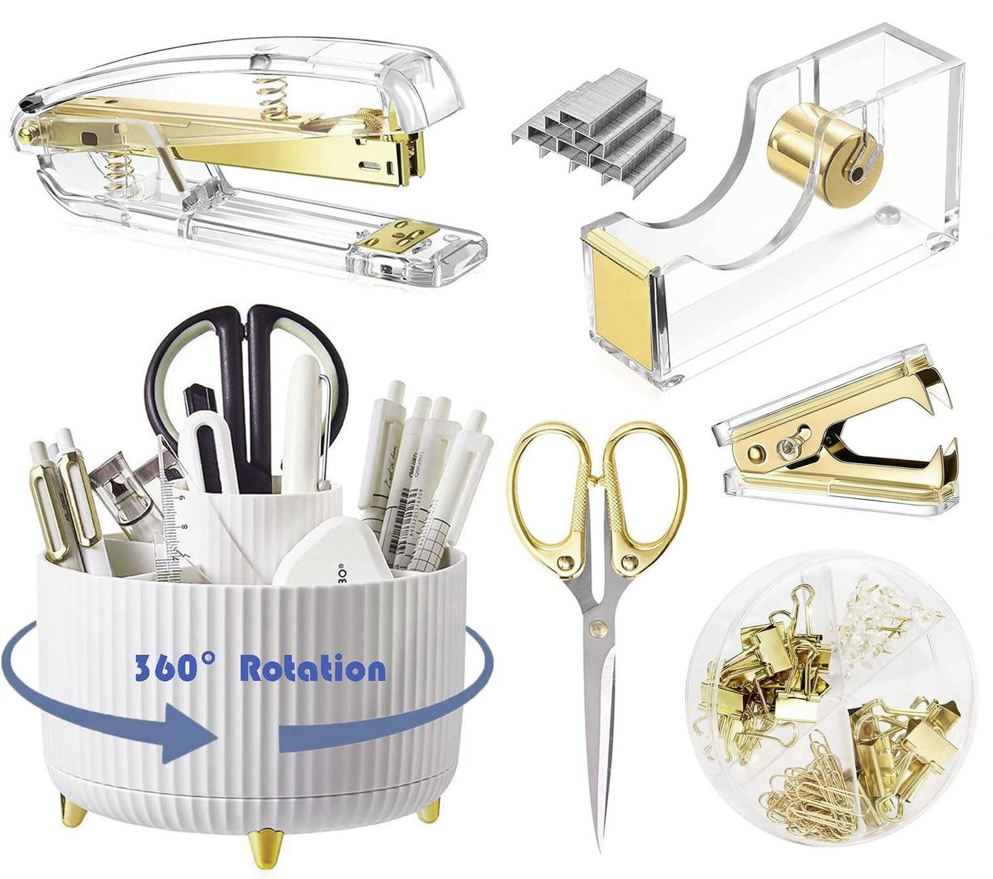 Gawsey Gold Desk Organizers and Accessories with Desk Organizer 360° Rotating Pen Holder and Office