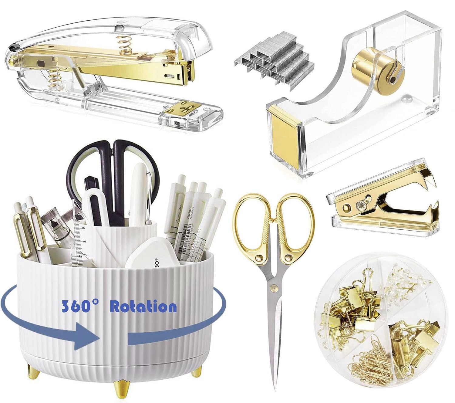 Gawsey Gold Desk Organizers and Accessories with Desk Organizer 360° Rotating Pen Holder and Office