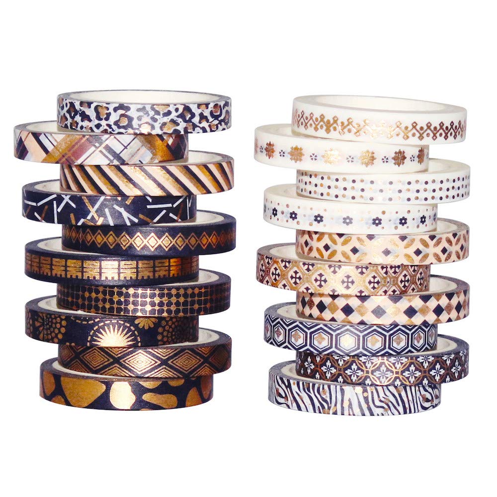 YUBBAEX 20 Rolls Washi Tape Set Black Gold Foil Print Decorative Tapes for Arts, DIY Crafts, Bullet