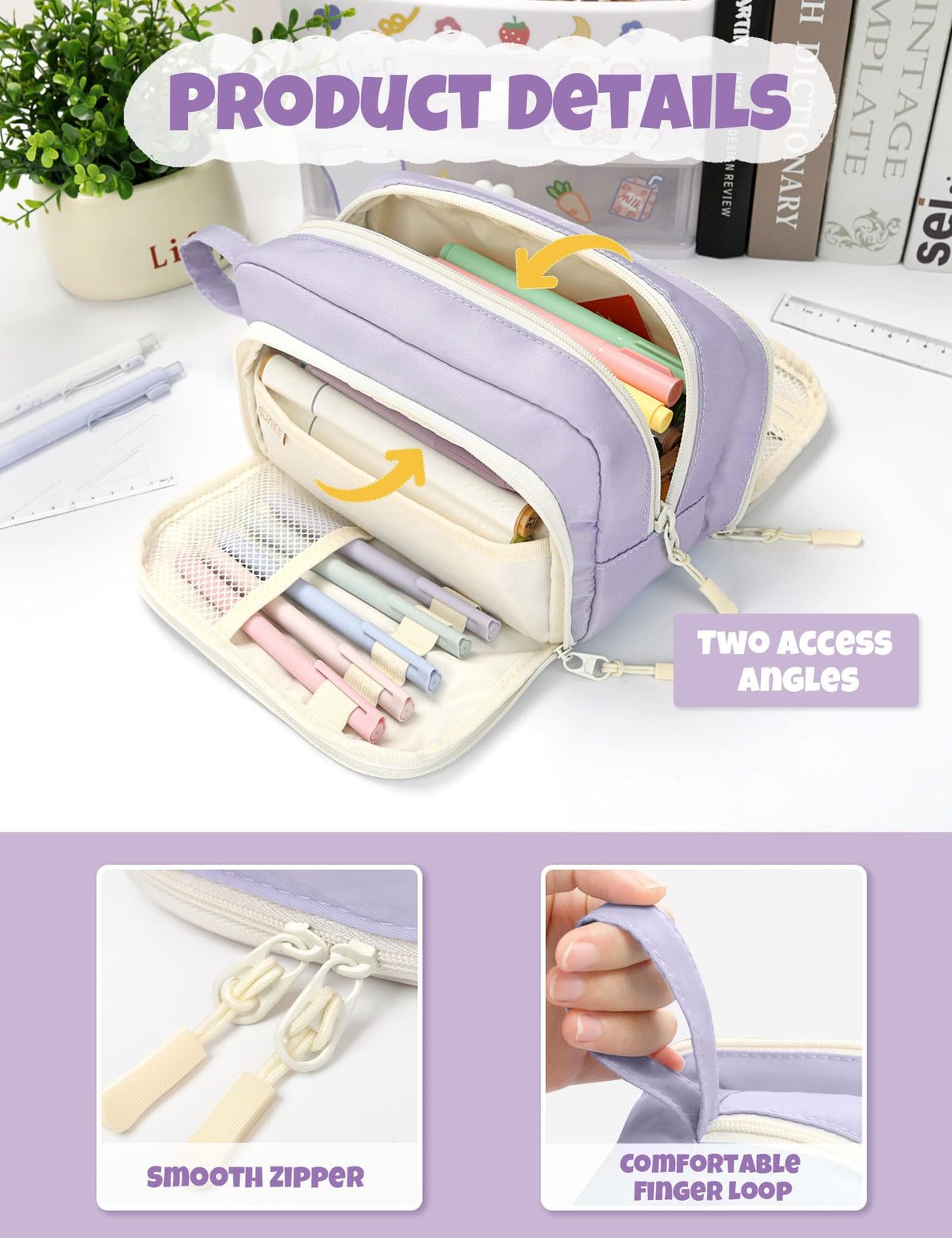 SUNEE Large Pencil Case, Big Capacity Pen Pouch with 3 Compartments, Kawaii Pencil Bag with Zipper