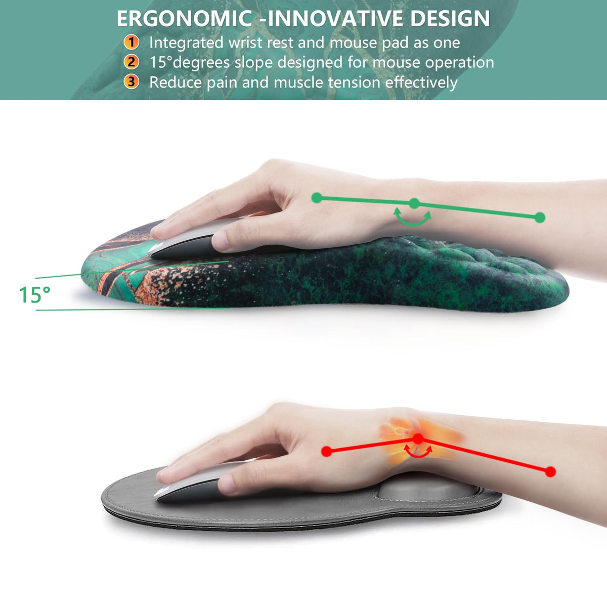 Laokiiy Ergonomic Mouse Pad Wrist Rest, 15° Memory Foam, Non-Slip PU Base