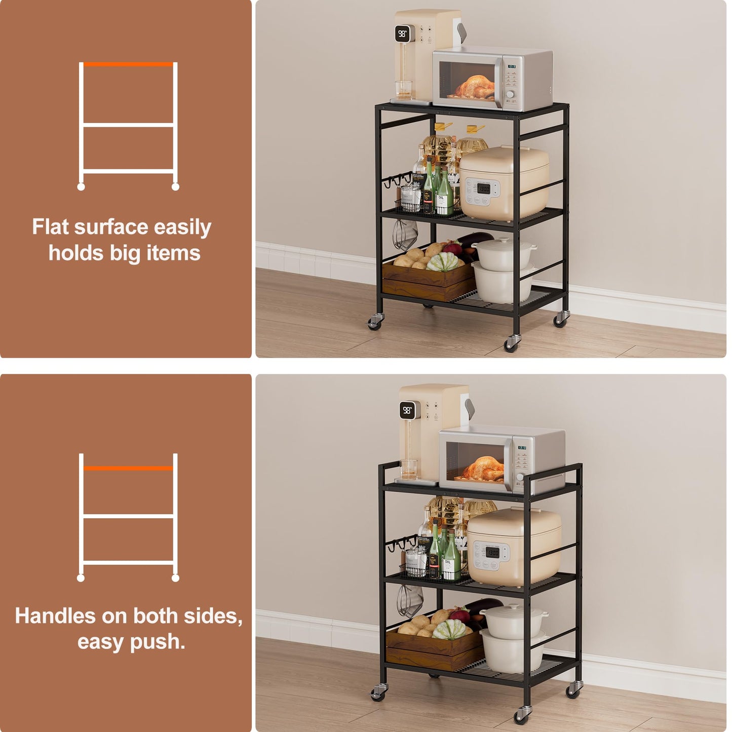 3 Tier Rolling Kitchen Microwave Cart, Utility Cart , Microwave Stand Black