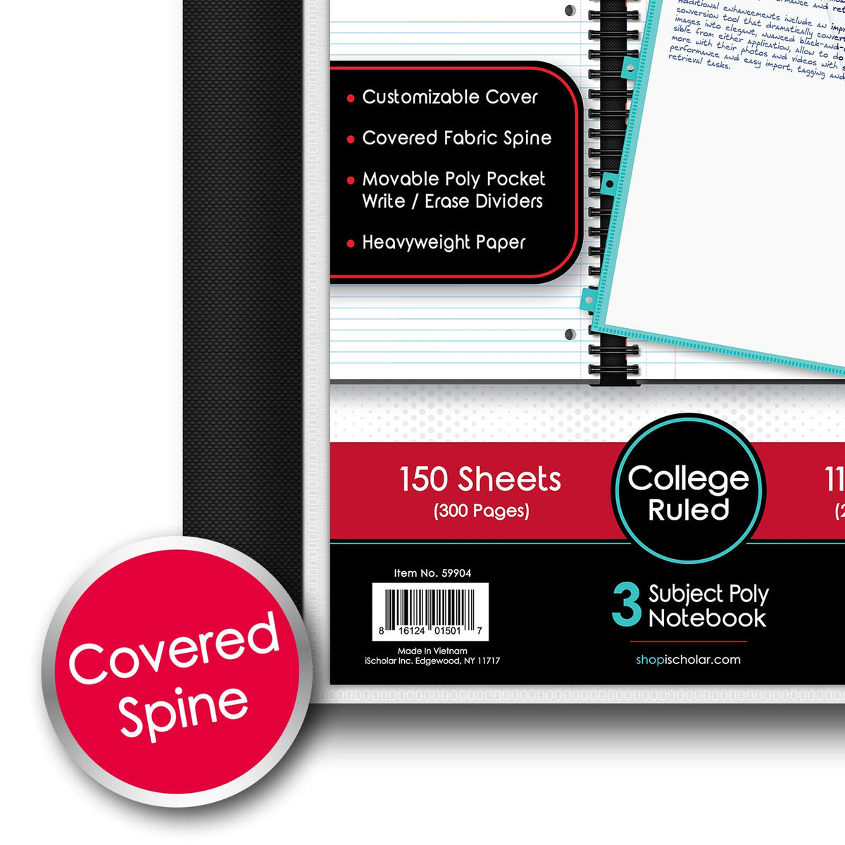 IQ+ iScholar 3-Subject Poly Cover Wirebound Notebook, College Ruled, 11 x 8.5 Inch, 150 Sheets, Red