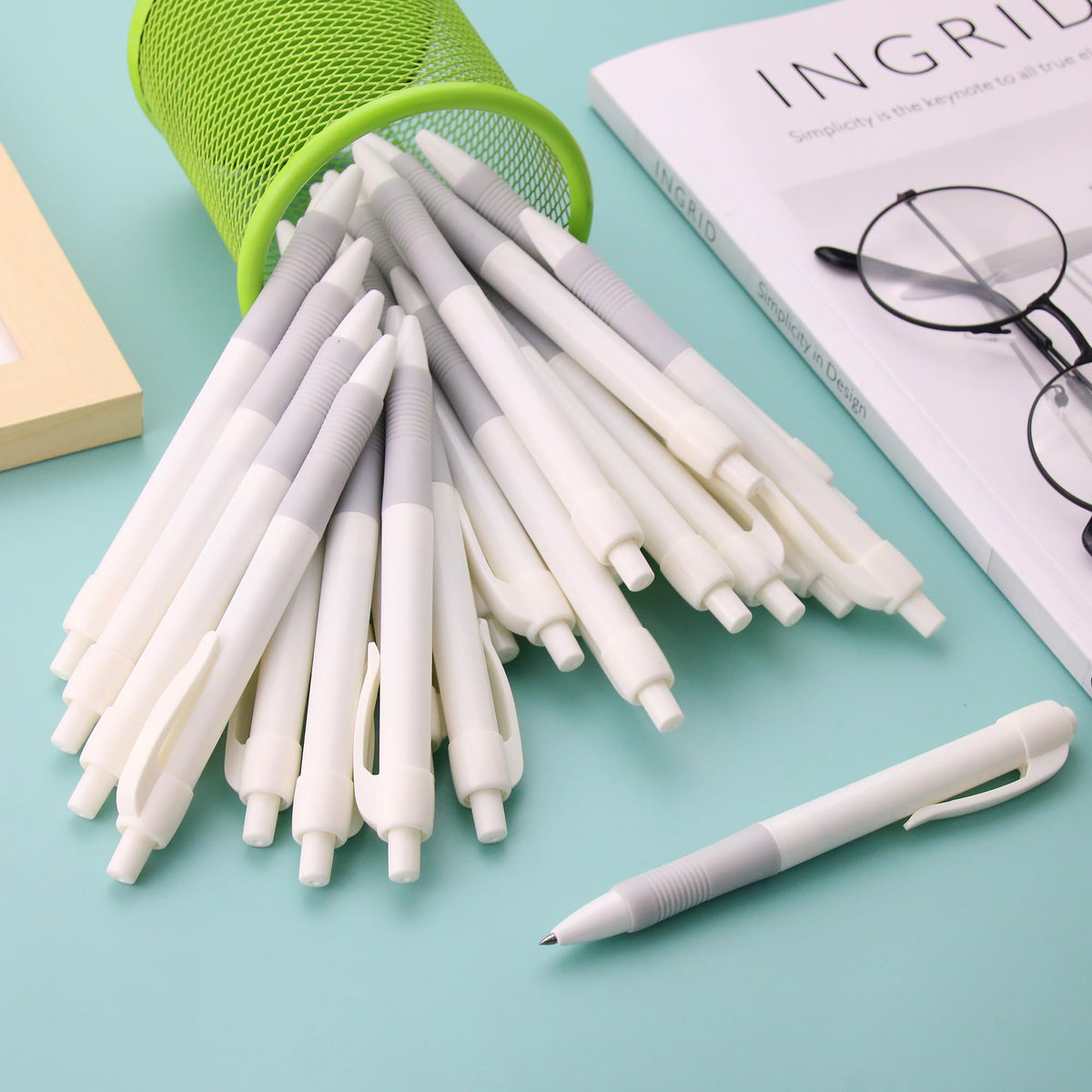 deegtran Pens Bulk, 50 Pack No Bleed White Barrel Black Ink Click Pens with Soft Grip, Wholesale