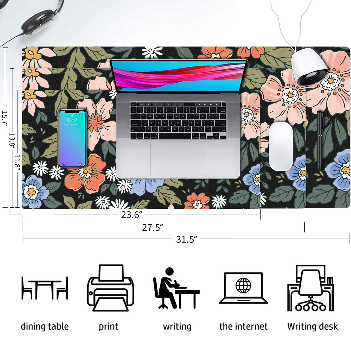 Floral Desk Mat, Non-Slip PU Leather Desk Pad, Wildflower 23.6"x11.8"