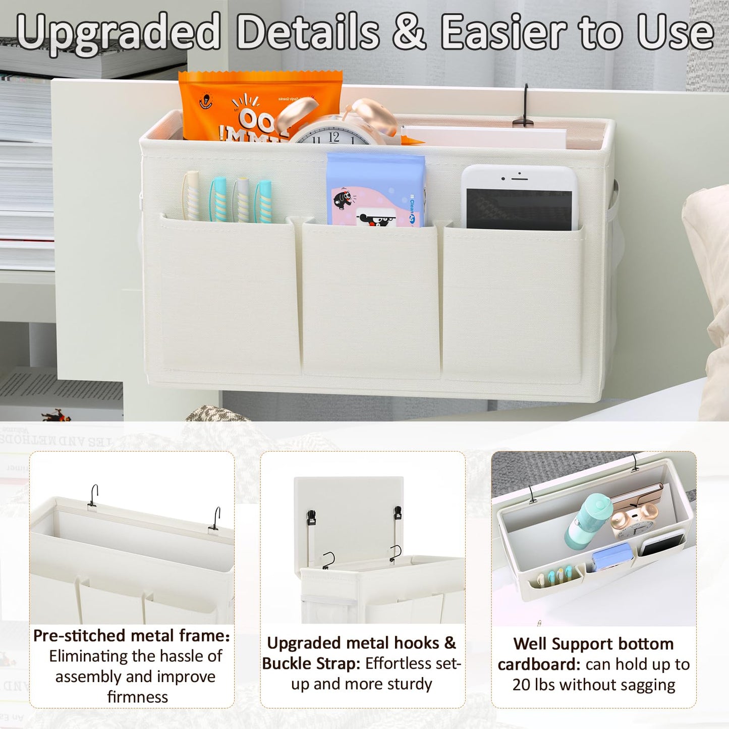 Bedside Caddy Storage Organizer for Bed Rails, Bed Caddy with 6 Pockets