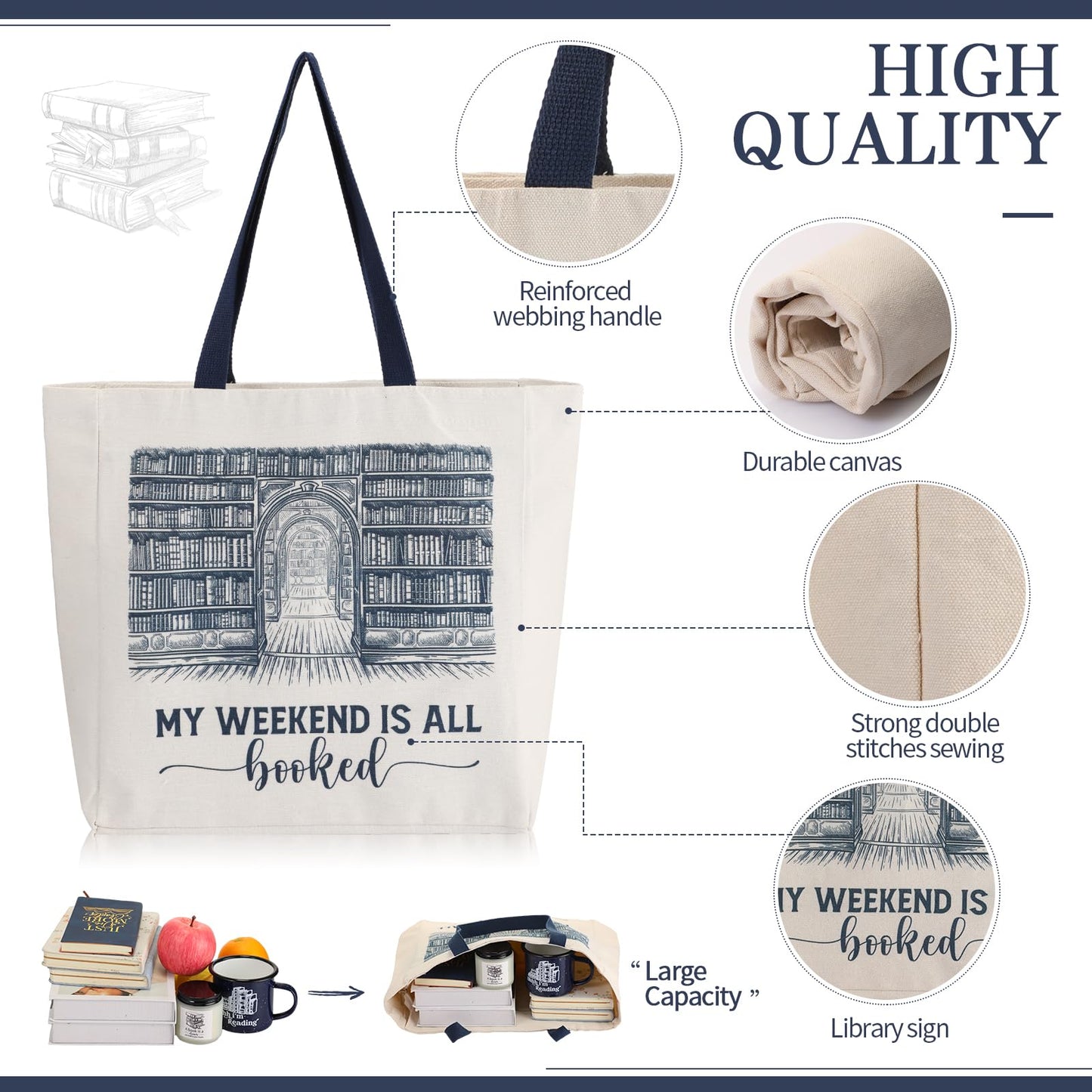 Jetec 5 Piece Book Lovers Set, Canvas Tote Bag Notebook, Candle, Blue