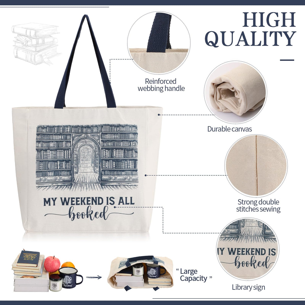 Jetec 5 Piece Book Lovers Set, Canvas Tote Bag Notebook, Candle, Blue