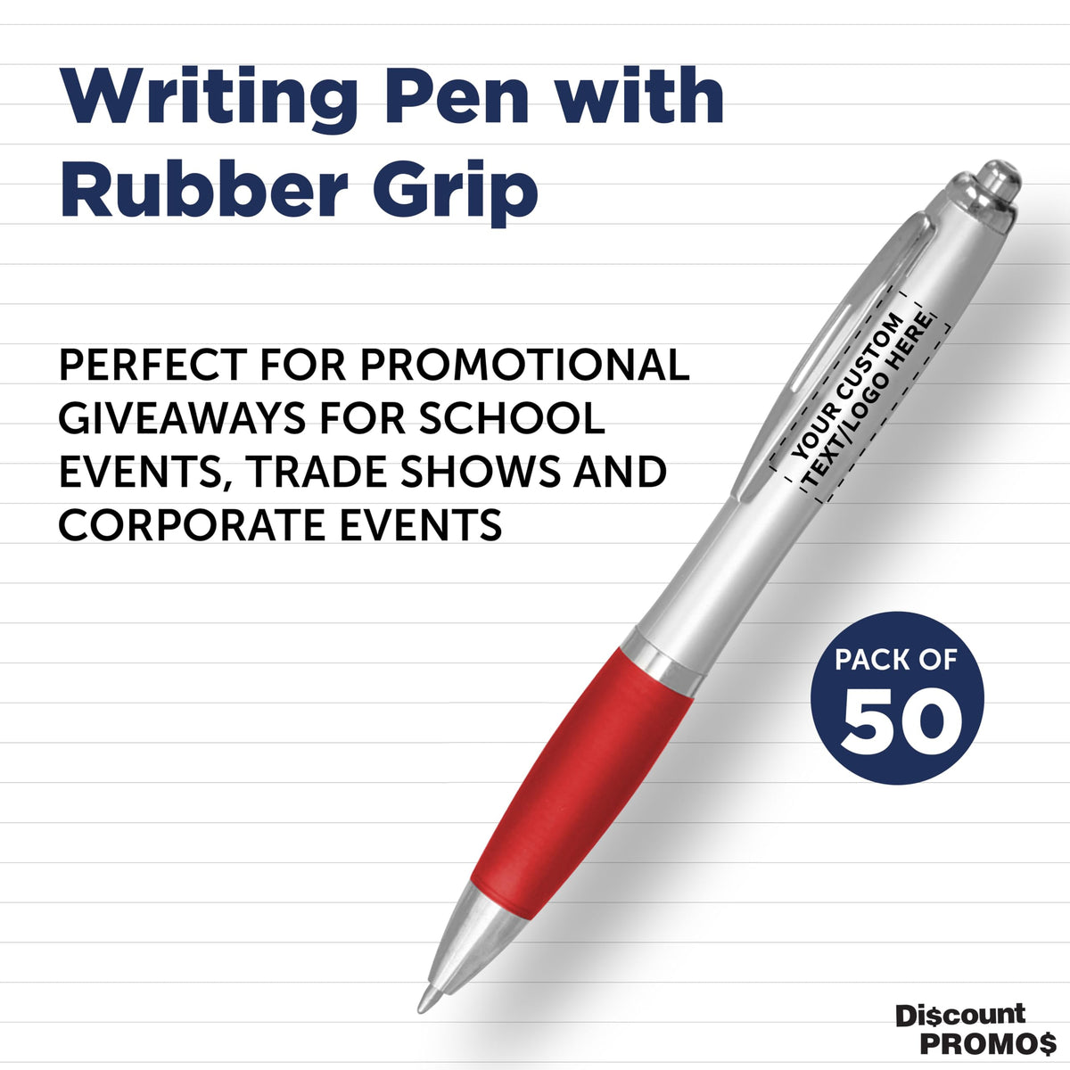 Personalized Ballpoint Pens with Rubber Grip and Click Button, Pack of 50 by DISCOUNT PROMOS