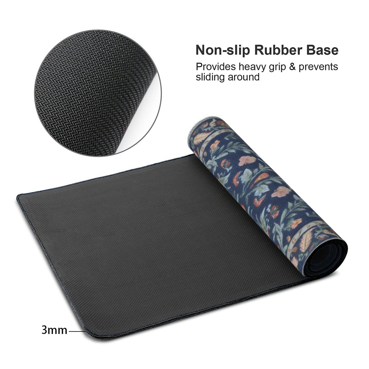 Large Floral Mouse Pad for Women, Navy Blue XXL Desk Mat with Anti-Slip & Stitched Edges, Aesthetic