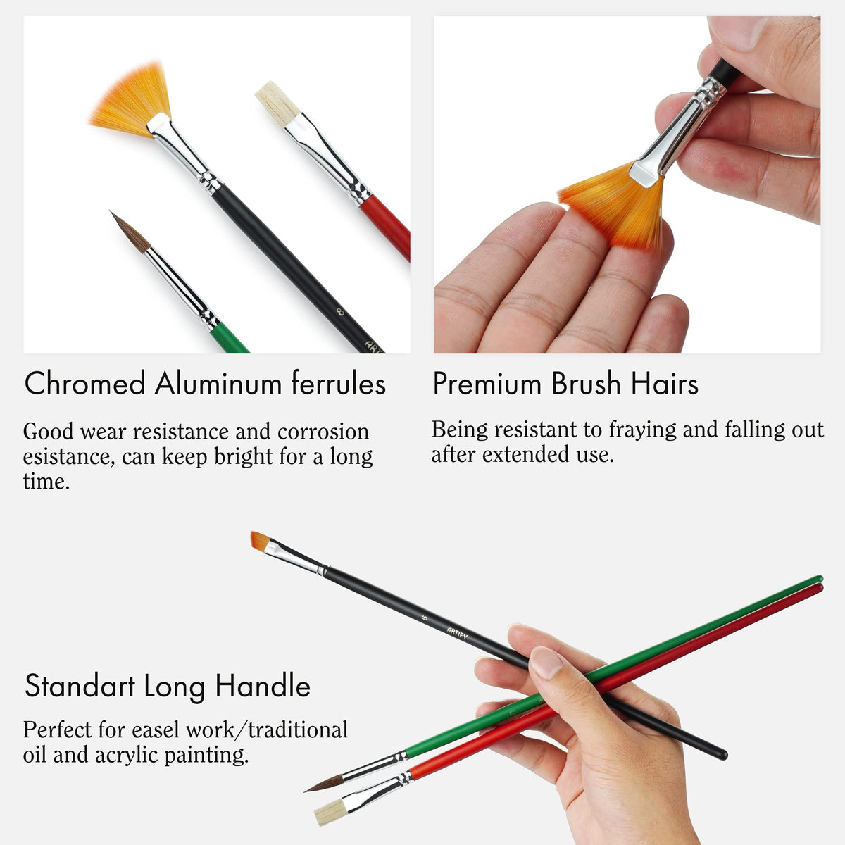 ARTIFY 41 Pieces Long Handle Paint Brushes, Expert Series, Hog Bristle, Horse Hair and Nylon Hairs