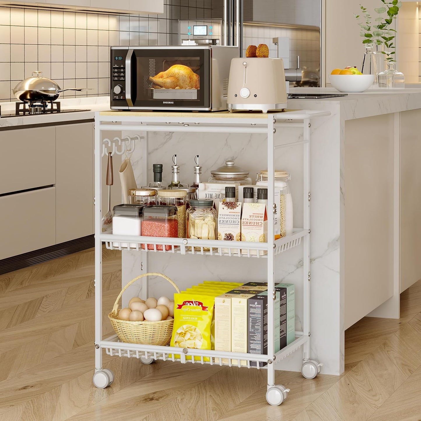 Pkuyres Microwave Kitchen Cart, White Kitchen Shelf with Push Handle, 3 Tier Rolling Microwave