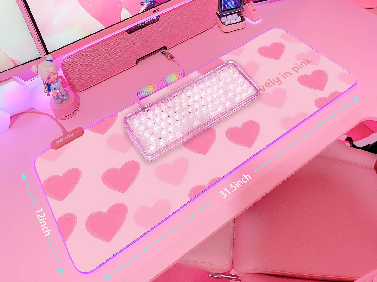 JMIYAV Pink Love Heart RGB Gaming Mouse Pad 31.5x12 Inch Cute Mousepad PC XL Large Extended Glowing
