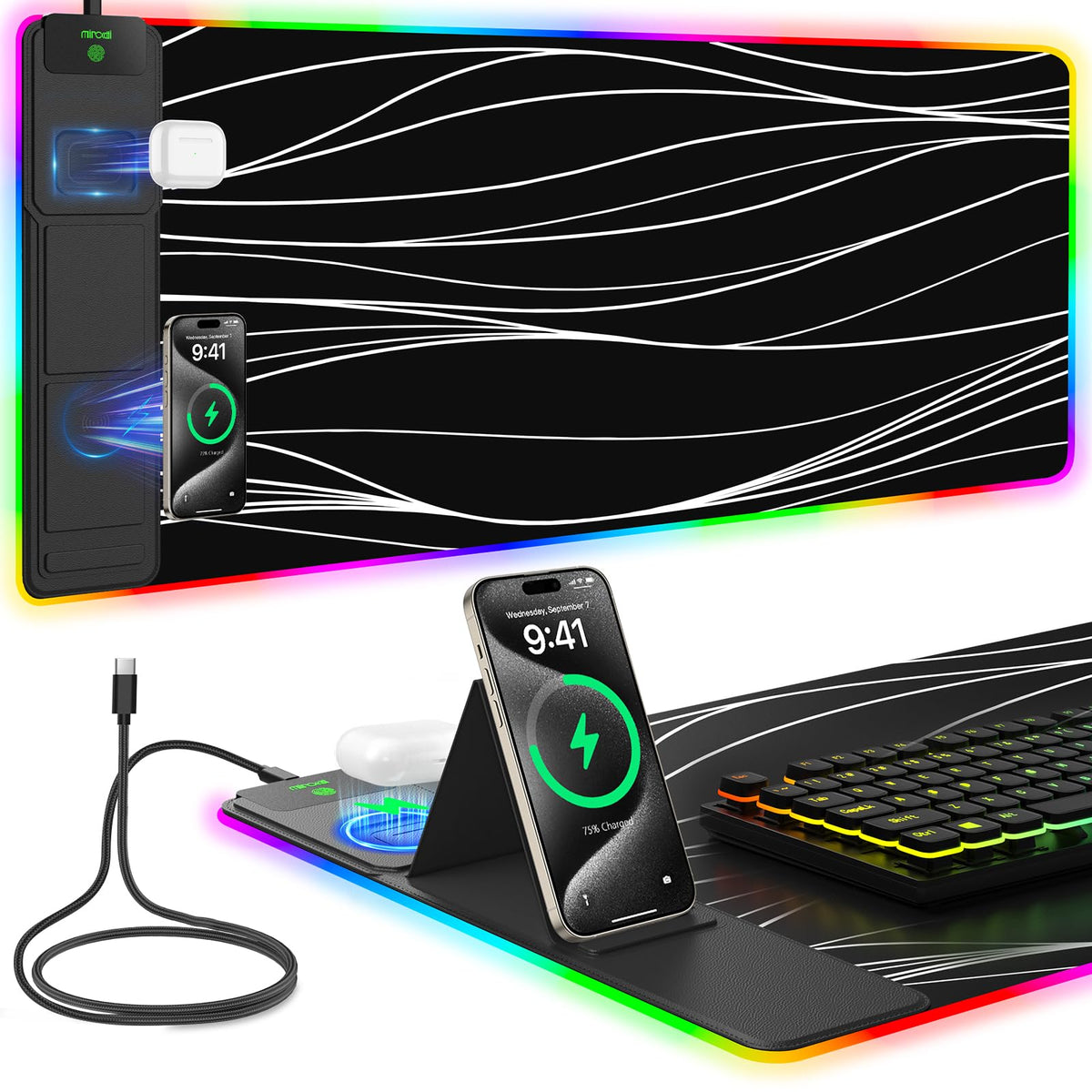 Mouse Pad with Foldable Phone Holder & Wireless Charger, XXL RGB Gaming Mousepad 31.5"x15.8" Large