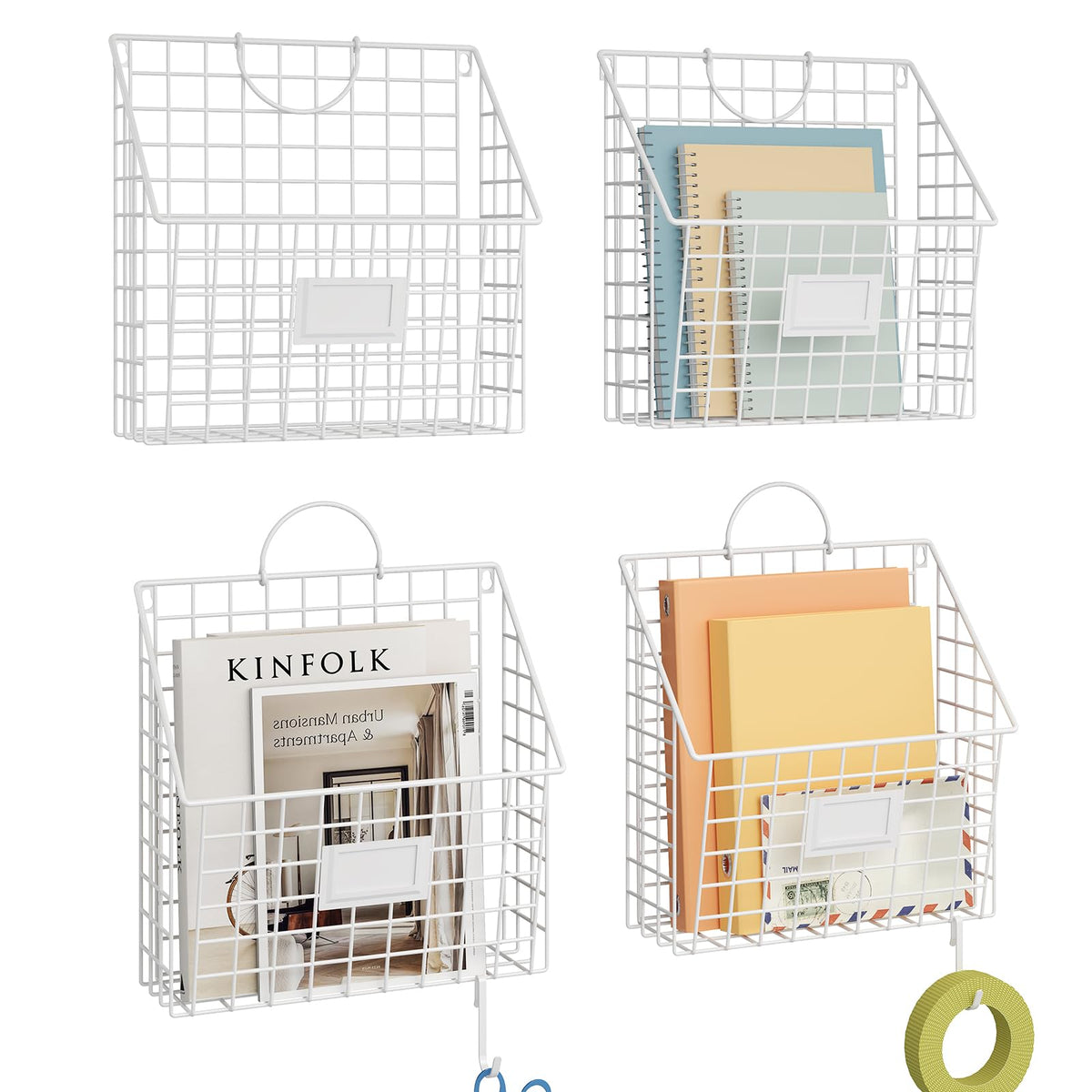 4 Packs Hanging Wall File Organizer with Hooks, Magazine Rack ,Mail Basket