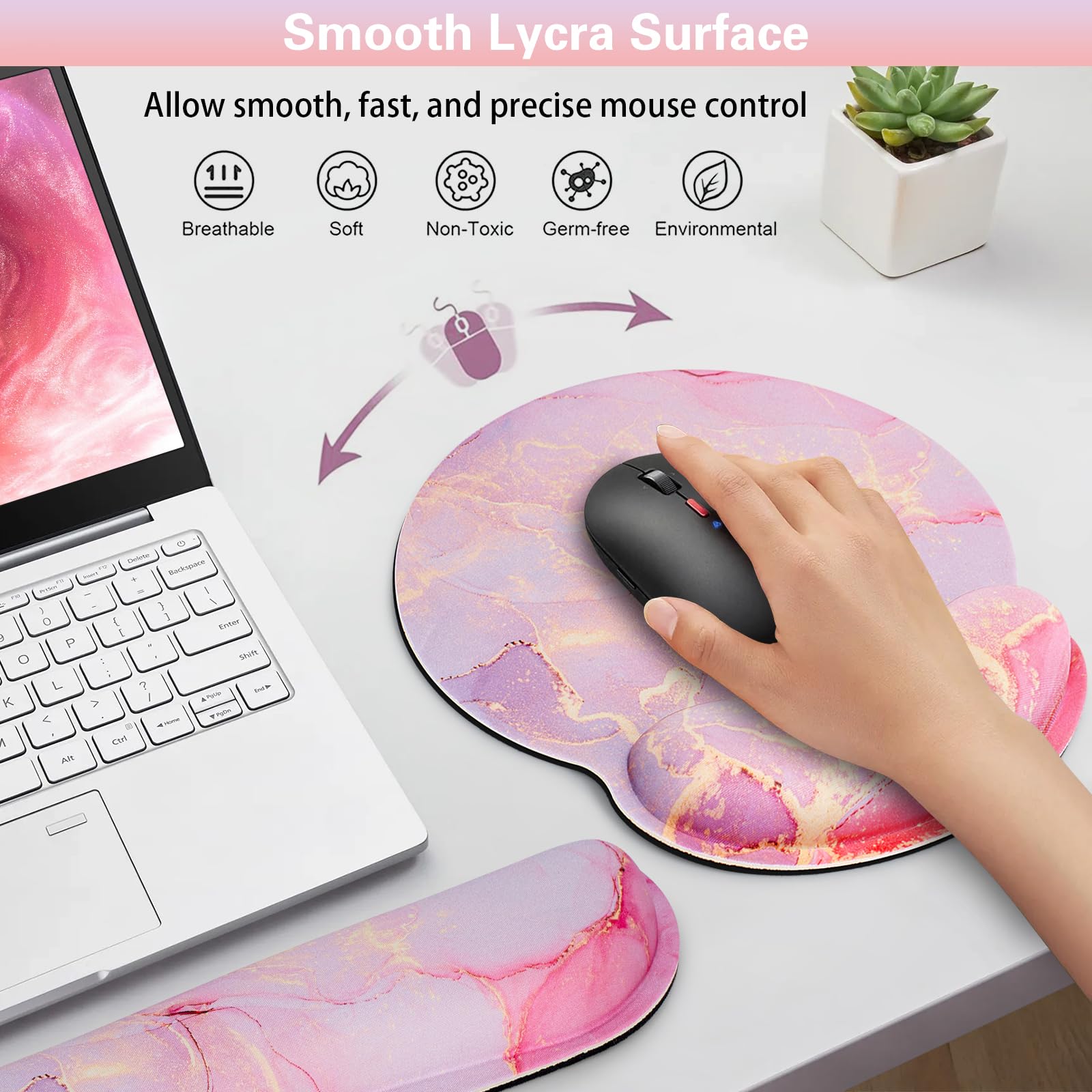 Mouse Pad with Wrist Rest Pink, 3-in-1 Wrist Support Mousepad Set,