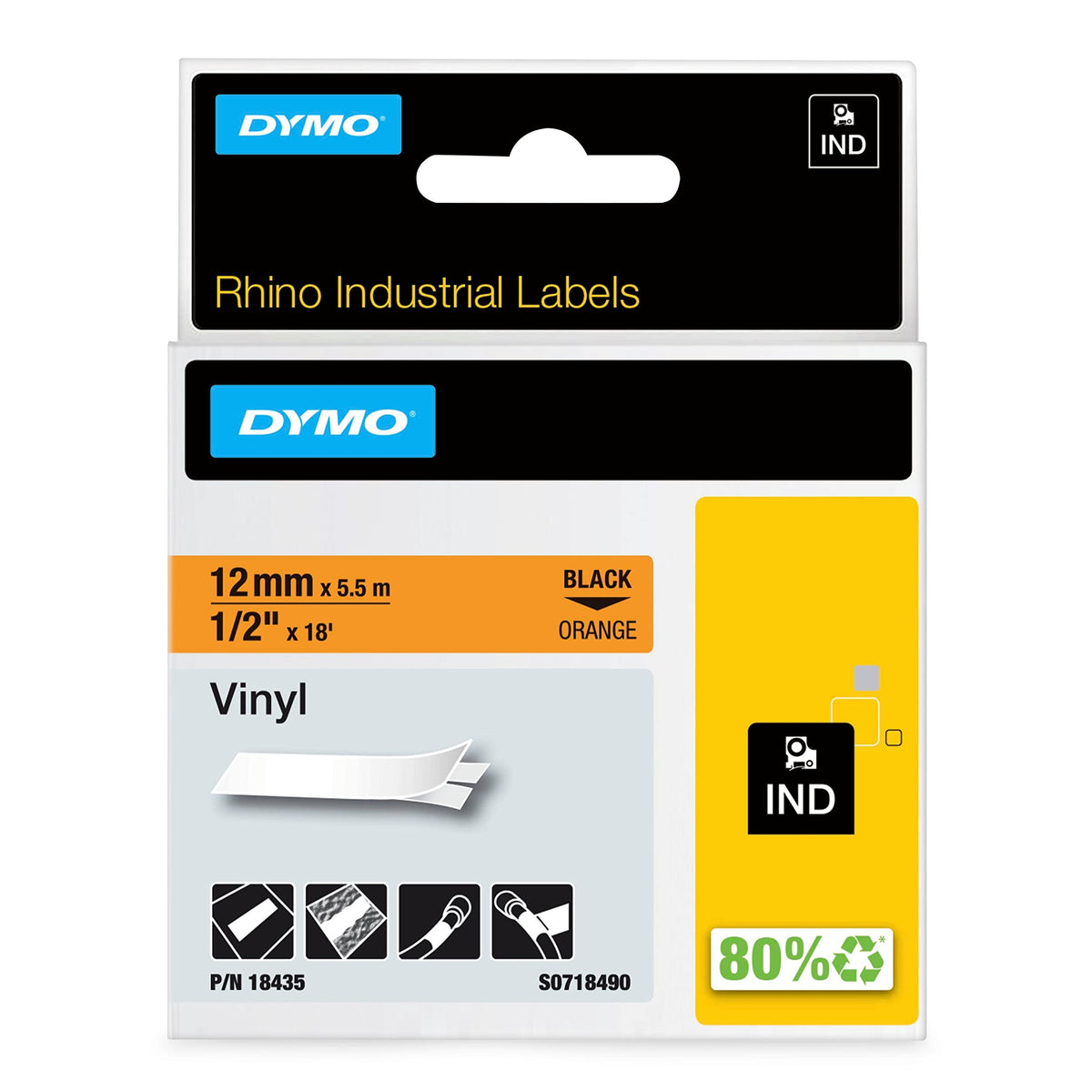 DYMO Rhino Industrial Vinyl Labels, 12mm x 5.5m, Black Print on Orange, Self-Adhesive, For Rhino &