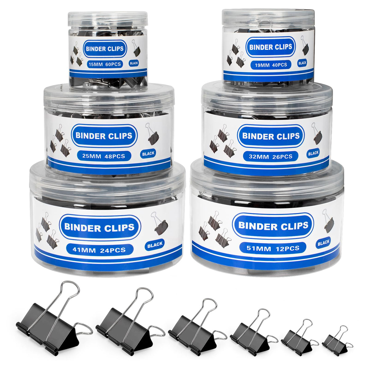 BainGesk 210 Binder Clips, 6 Assorted Sizes, Black Metal Paper Clamps
