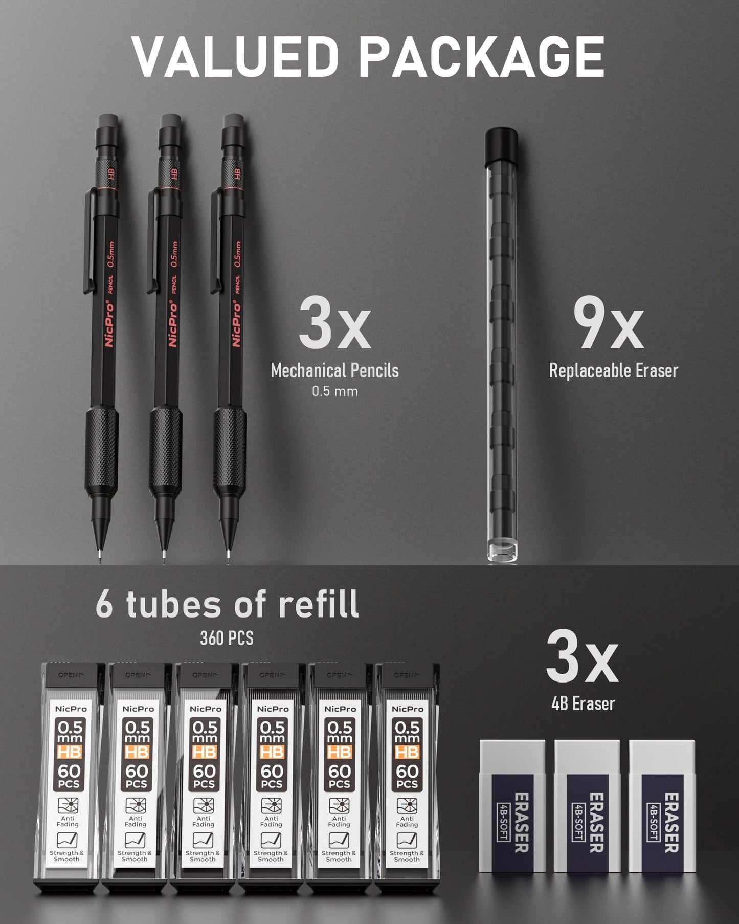 Nicpro 0.5 mm Mechanical Pencil Set with Case, 3PCS Metal Pencils