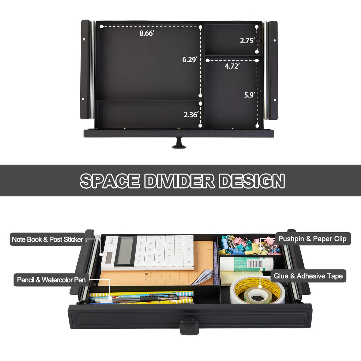 GOME Under Desk Slide out Pencil Drawer with Space Divider Design for Storing Pencil and Office