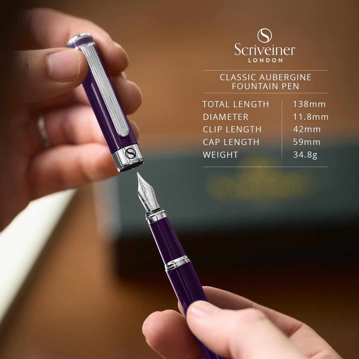 Scriveiner Luxury Fountain Pen - Aubergine, Schmidt Gilded Nib (Medium), Converter, Best Pen Gift
