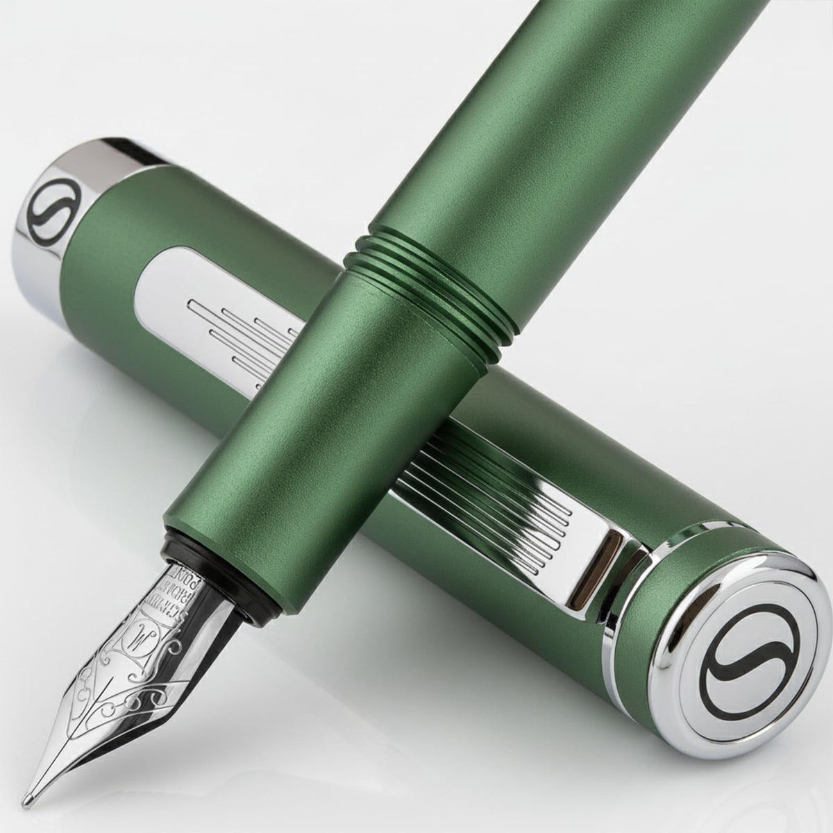 Scriveiner Luxury EDC Fountain Pen (Medium), Stunning Matt Green Pocket Pen, Chrome Finish, Schmidt