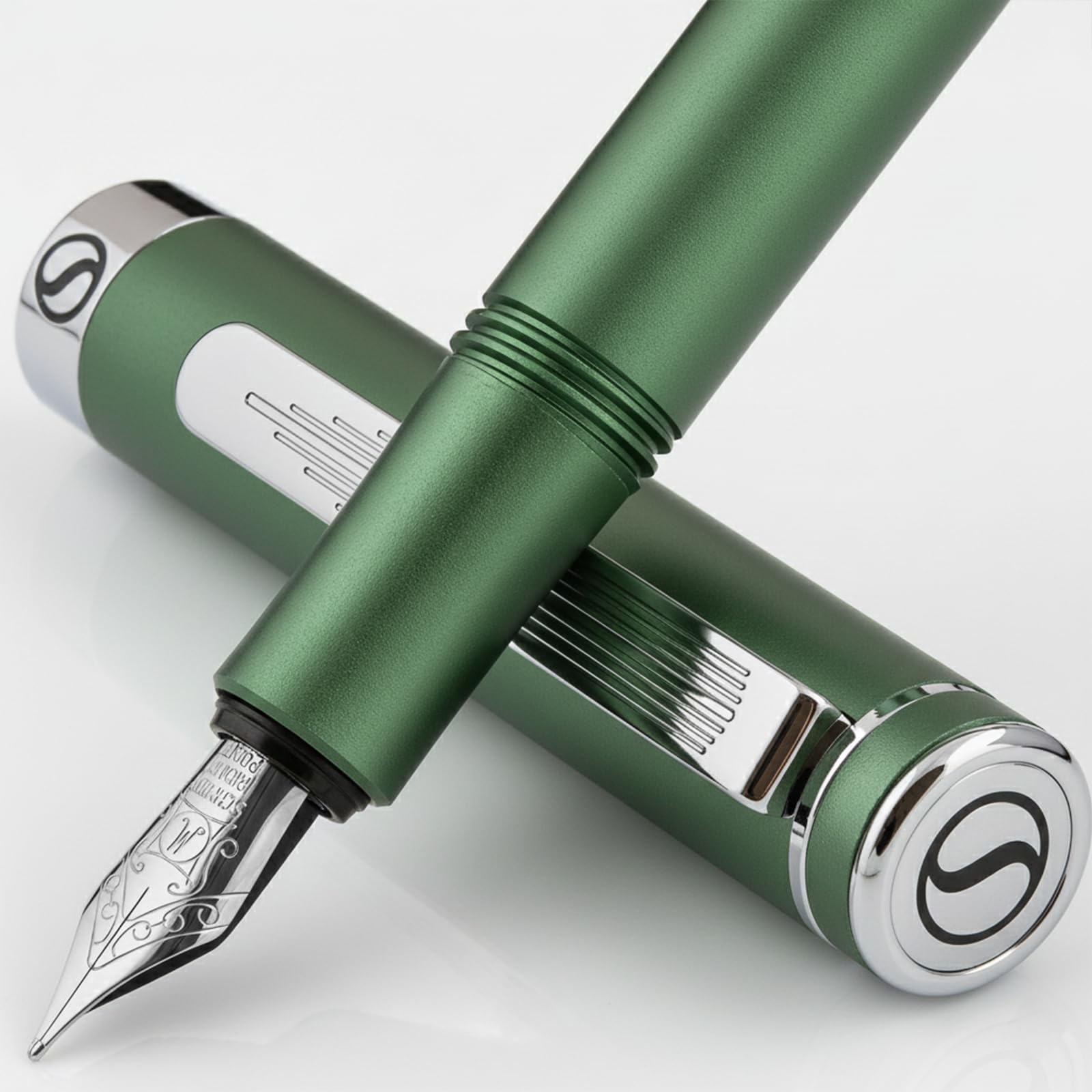 Scriveiner Luxury EDC Fountain Pen (Medium), Stunning Matt Green Pocket Pen, Chrome Finish, Schmidt