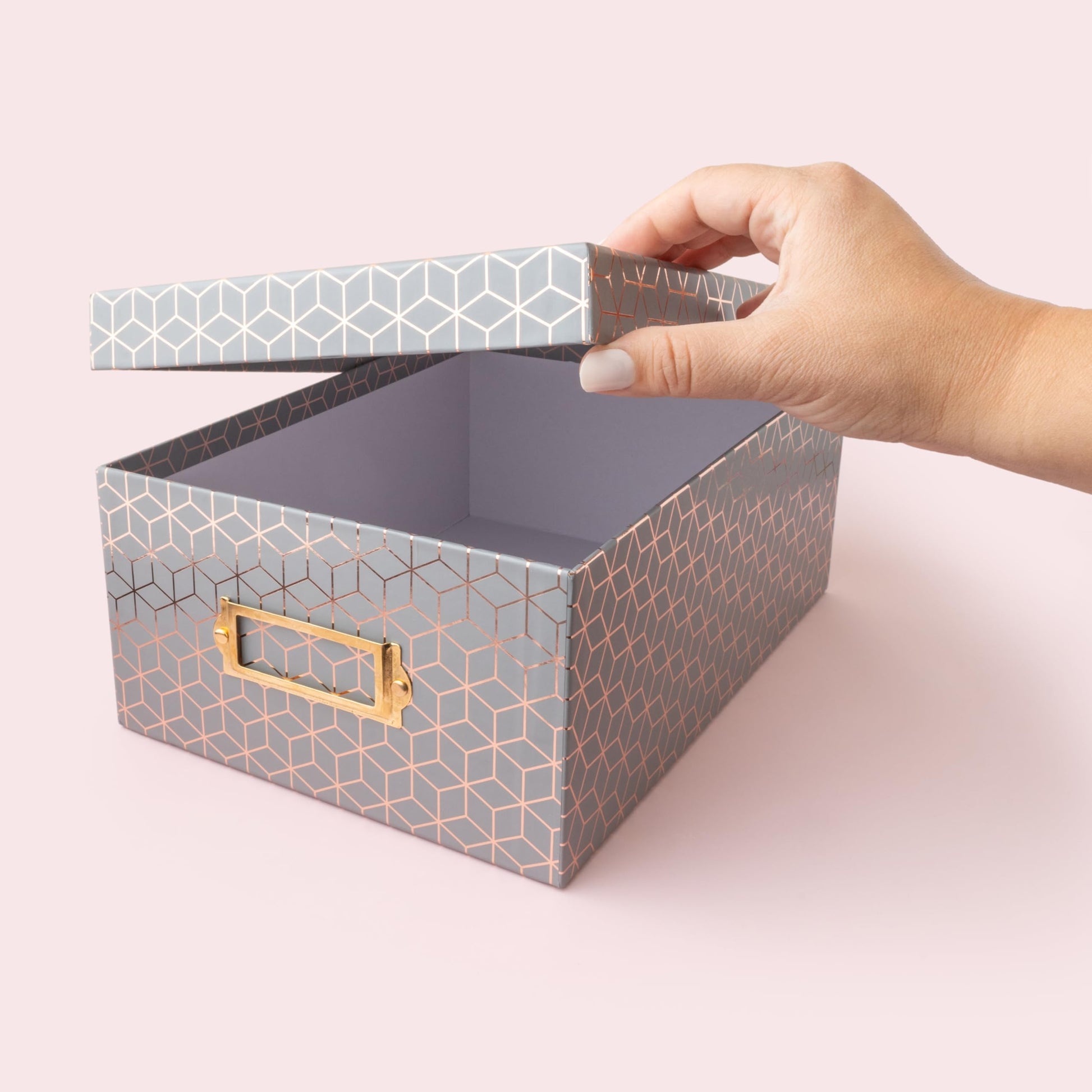 American Crafts Photo Keepsake Box with Lid, Gray Geo with Rose Gold Foil, 11x7.4x4.3, Decorative