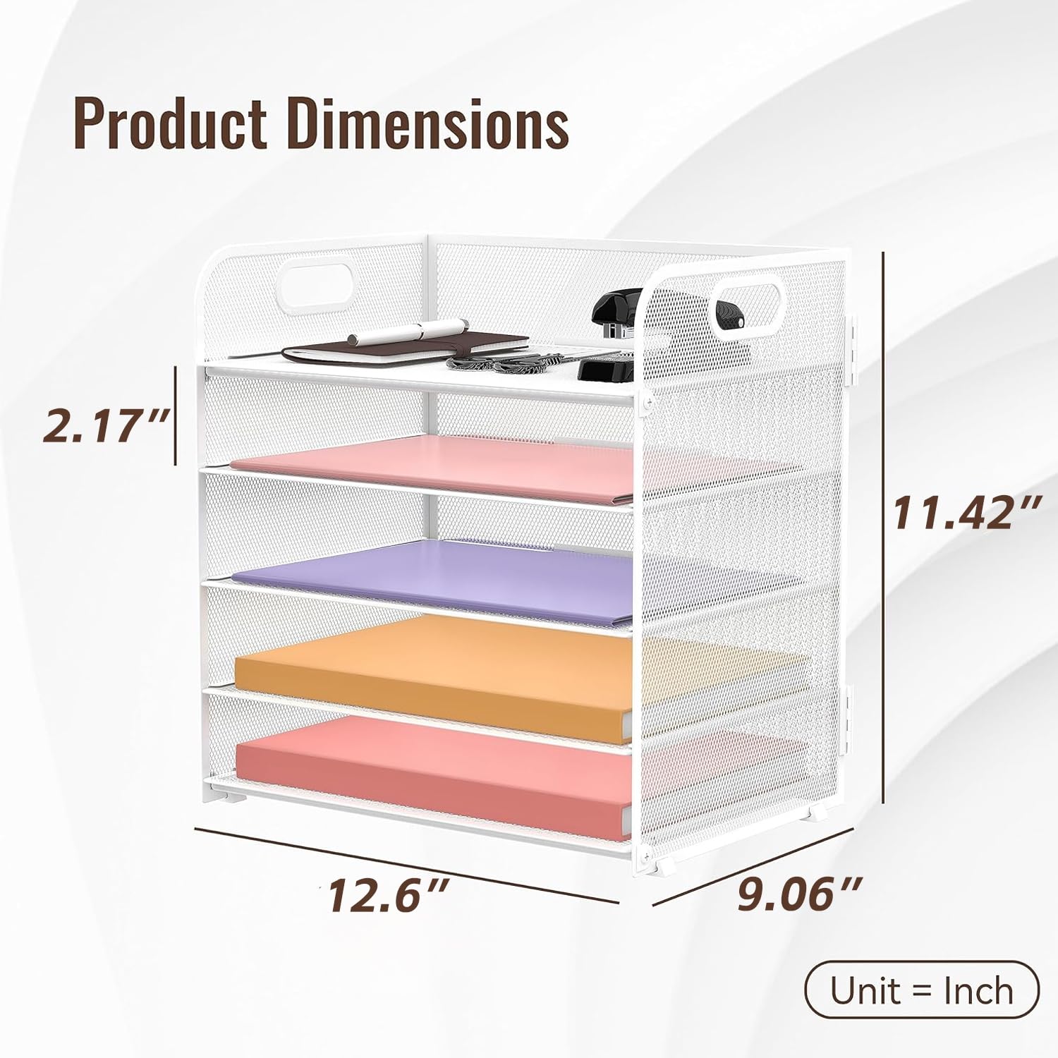 2 Pack 5-Tier White Desk Organizer with Handle Mesh Desk File/Paper Organizer Letter Tray for