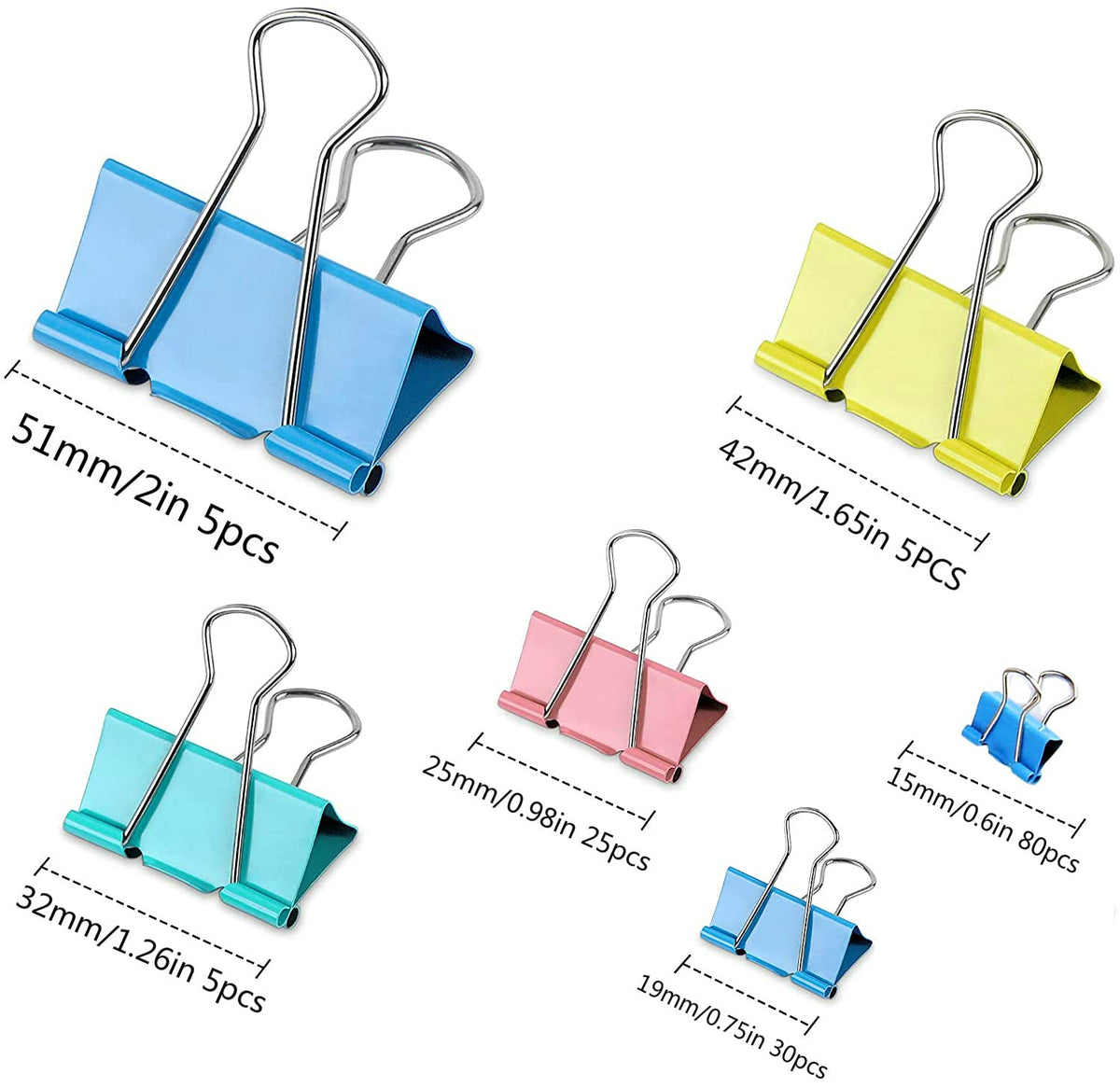 JANYUN 150Pcs Large Binder Clips 6 Assorted Sizes Paper Clamps Clip for Notes Paper Document
