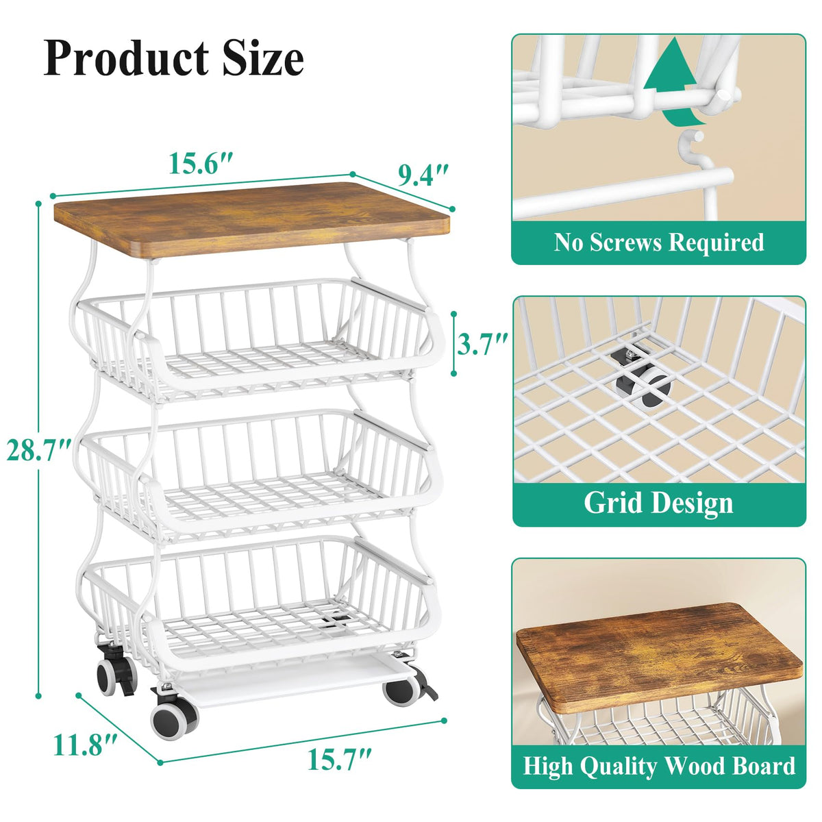 SAYZH 4-Tier Fruit and Vegetable Basket Stand for Kitchen, Wood Top, White