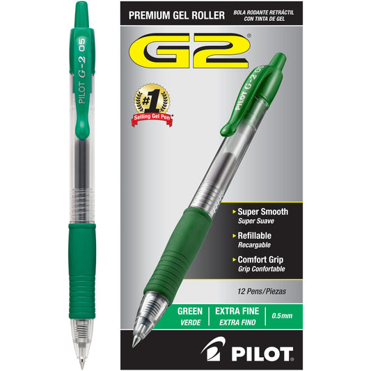 PILOT G2 Premium Retractable Rolling Ball Green Gel Pens, 0.5mm, 12-Pack