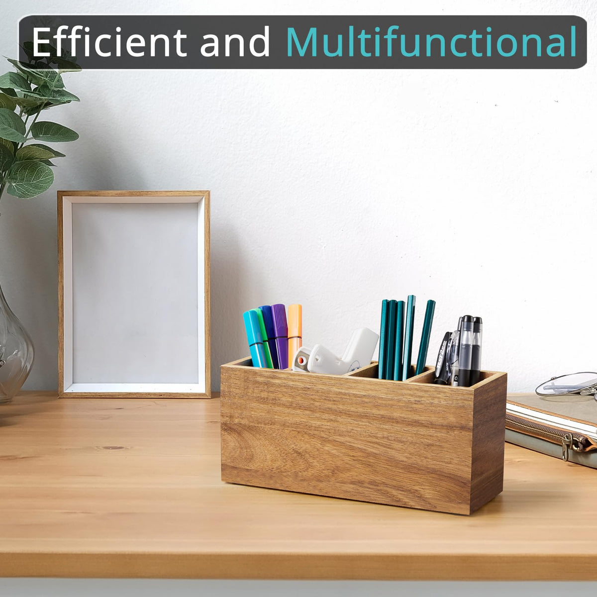 Bivvclaz Pencil Pen Holder for Desk, Acacia Wood Office Desk Organizers and Accessories with 4