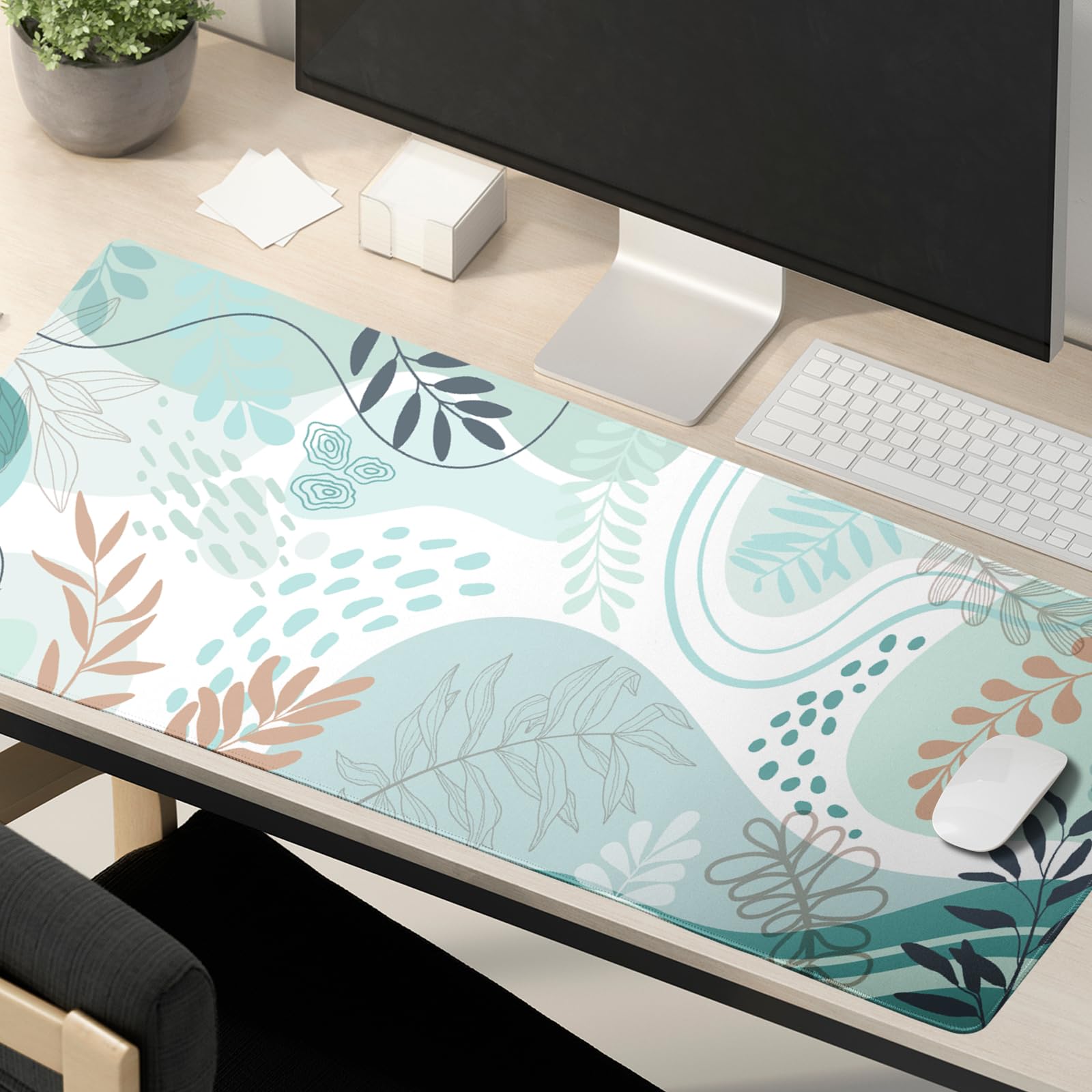 Abstract Art Large Mouse Pad 31.5x11.8in Modern Boho Leaves Mouse Pad Non-Slip Rubber Base Mousepad