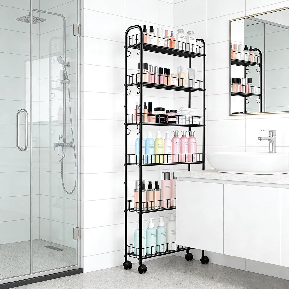 RUOZTEOO Slim Storage Cart with Wheels, Metal 6-Tier 6in Black Narrow Rolling Shelf, Sturdy Slim