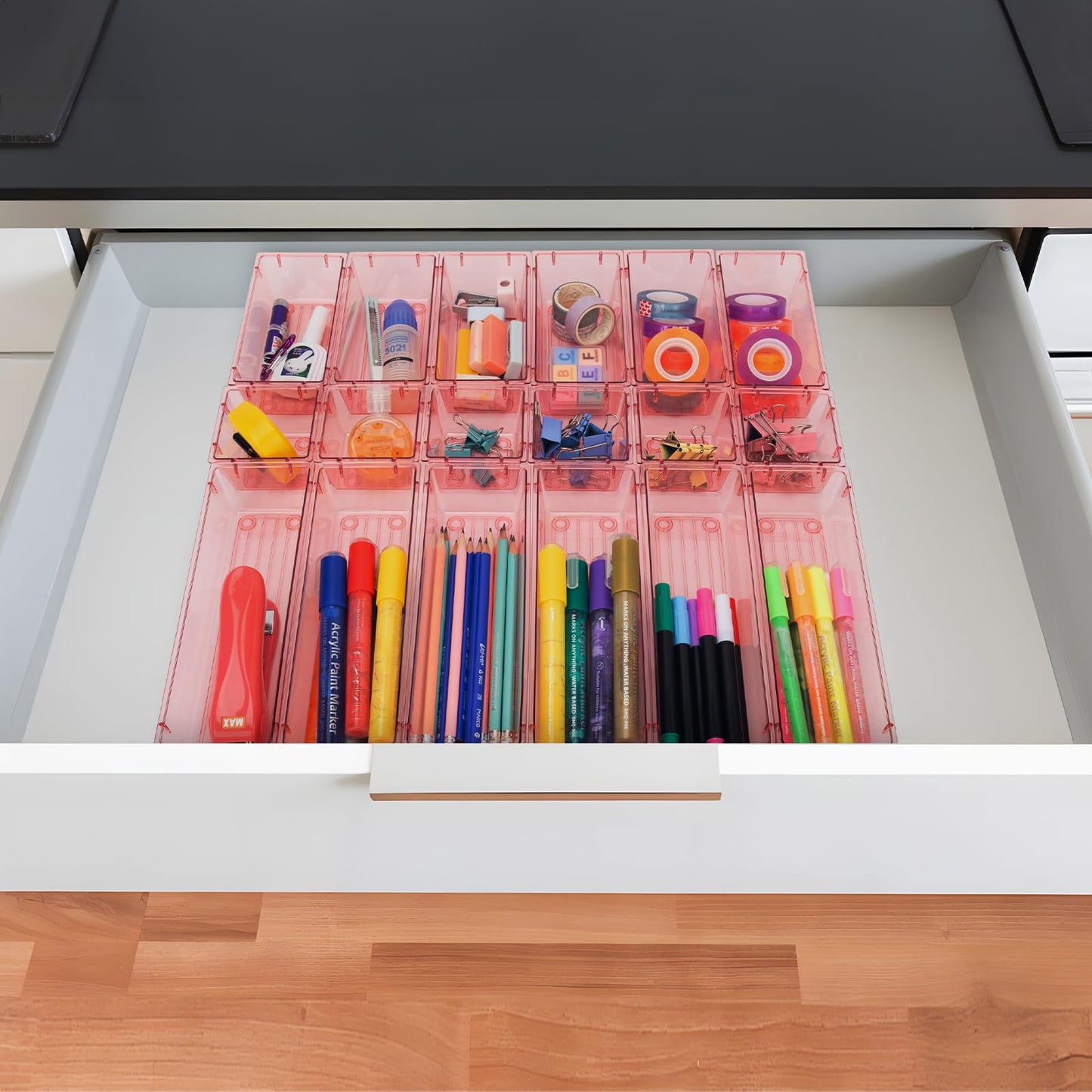 25 Pack Desk Drawer Organizer Set,Vanity and Desk Drawer Storage Bins,Clear Plastic Drawer