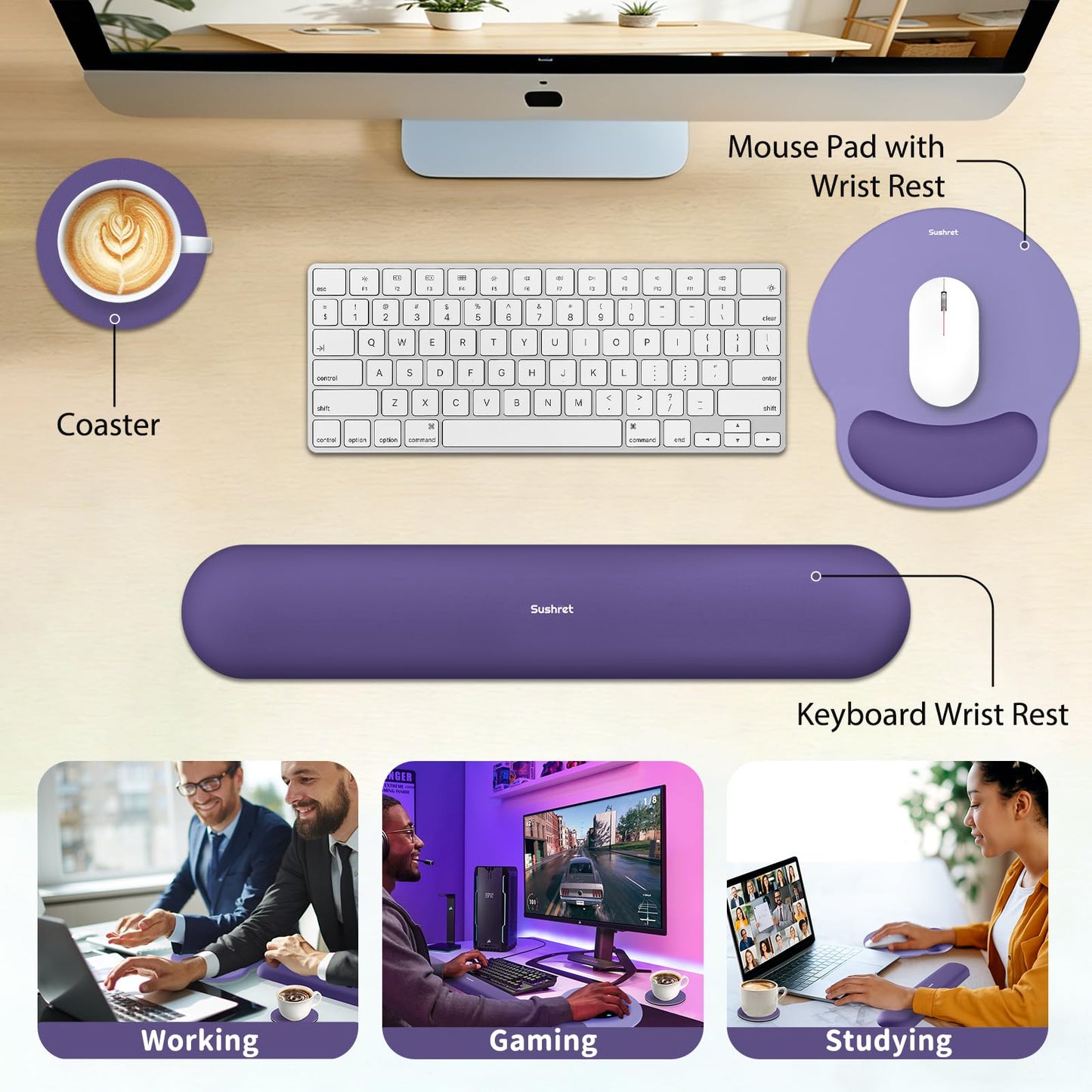 Sushret Mouse Pad and Keyboard Wrist Rest, 3-in-1 Gel Memory Foam Ergonomic Mouse Pad with Wrist
