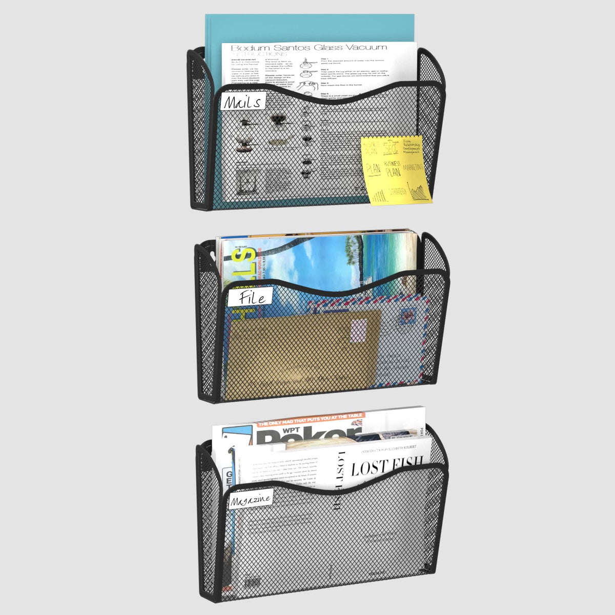 BOHDK Wall File Organizer, 3 Single Pockets Mesh Hanging File Organizer, Mount Document Magazine