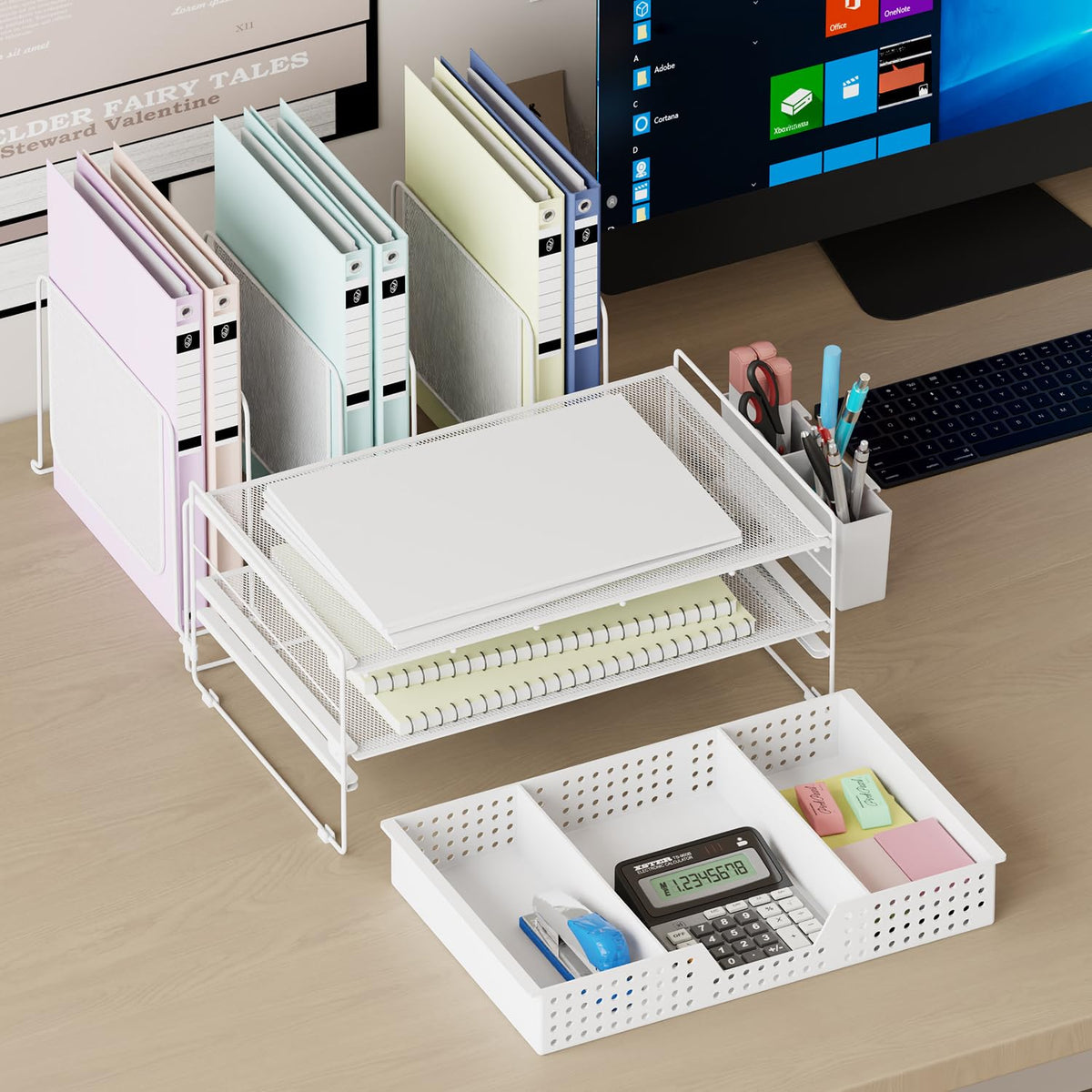 LEKETREE Desk Organizer, Office Organization with Vertical File Holder, File Organizer with Drawer