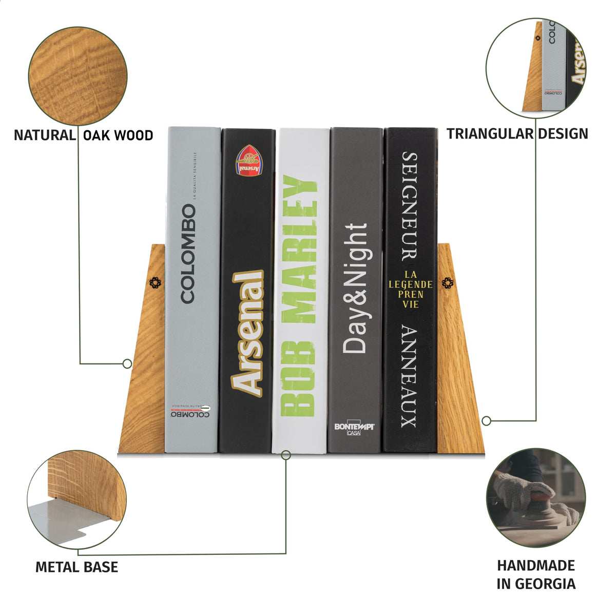 TILISMA Book Ends for Shelves - Handmade Wooden Bookends with Metal Base, Walnut Tree - Sturdy Book
