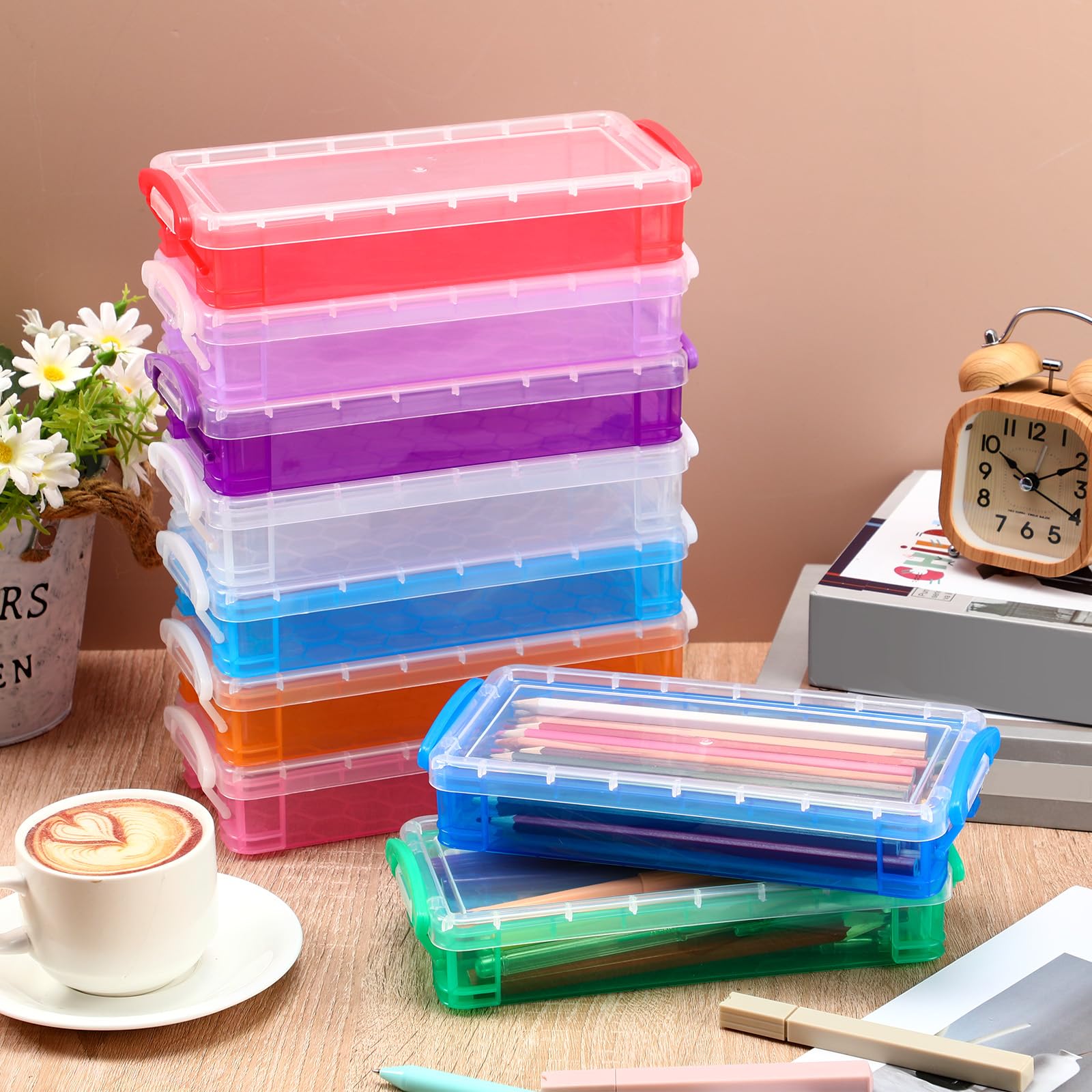 Gueevin 12 Pcs Pencil Box Clear Plastic Pencil Case, Mixed Colors