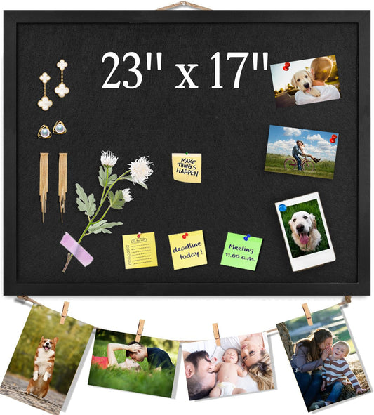 Black Bulletin Board Large Cork Board with Felt, 23"x17" Large Display Pin Board Vision Board for
