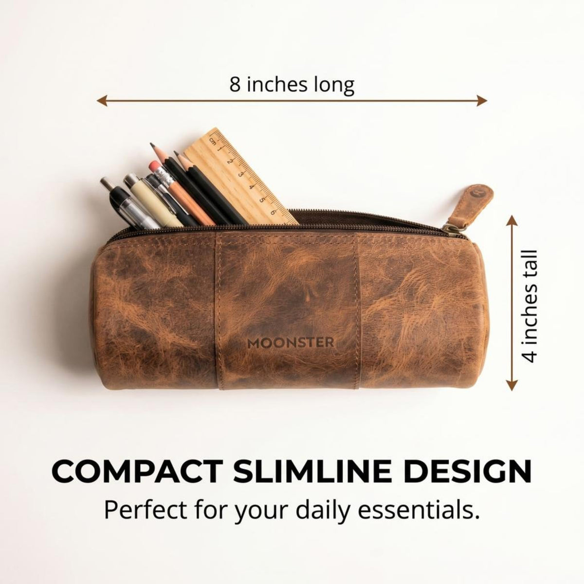 moonster Full-Grain Buffalo Leather Pen Case, 8x4 Inch, YYK Zipper, Linnen Interior, 6" Stainless