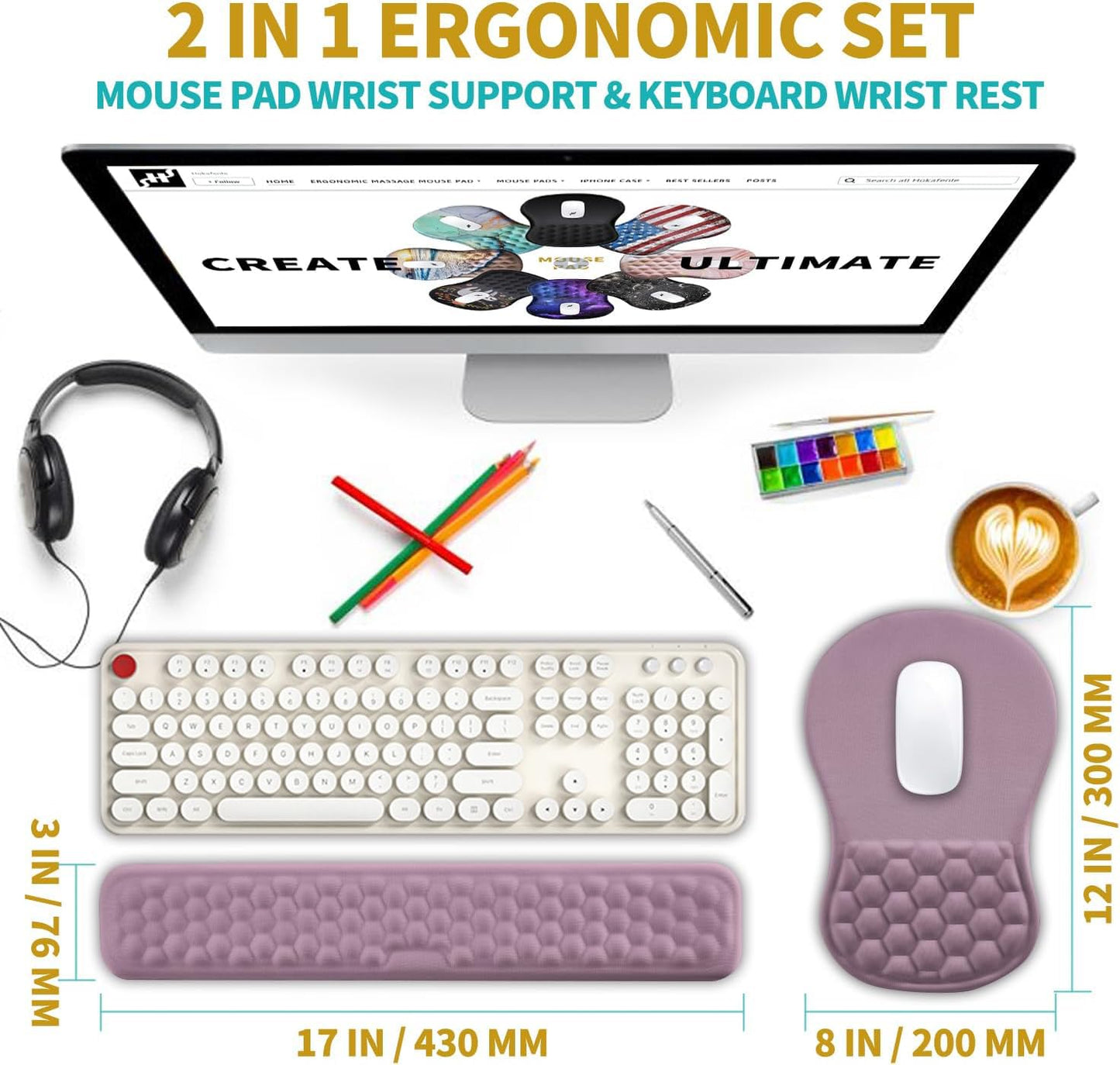 Hokafenle 2 in 1 Ergonomic Mouse Pad Wrist Support & Wrist Rest for Computer Keyboard Set, with