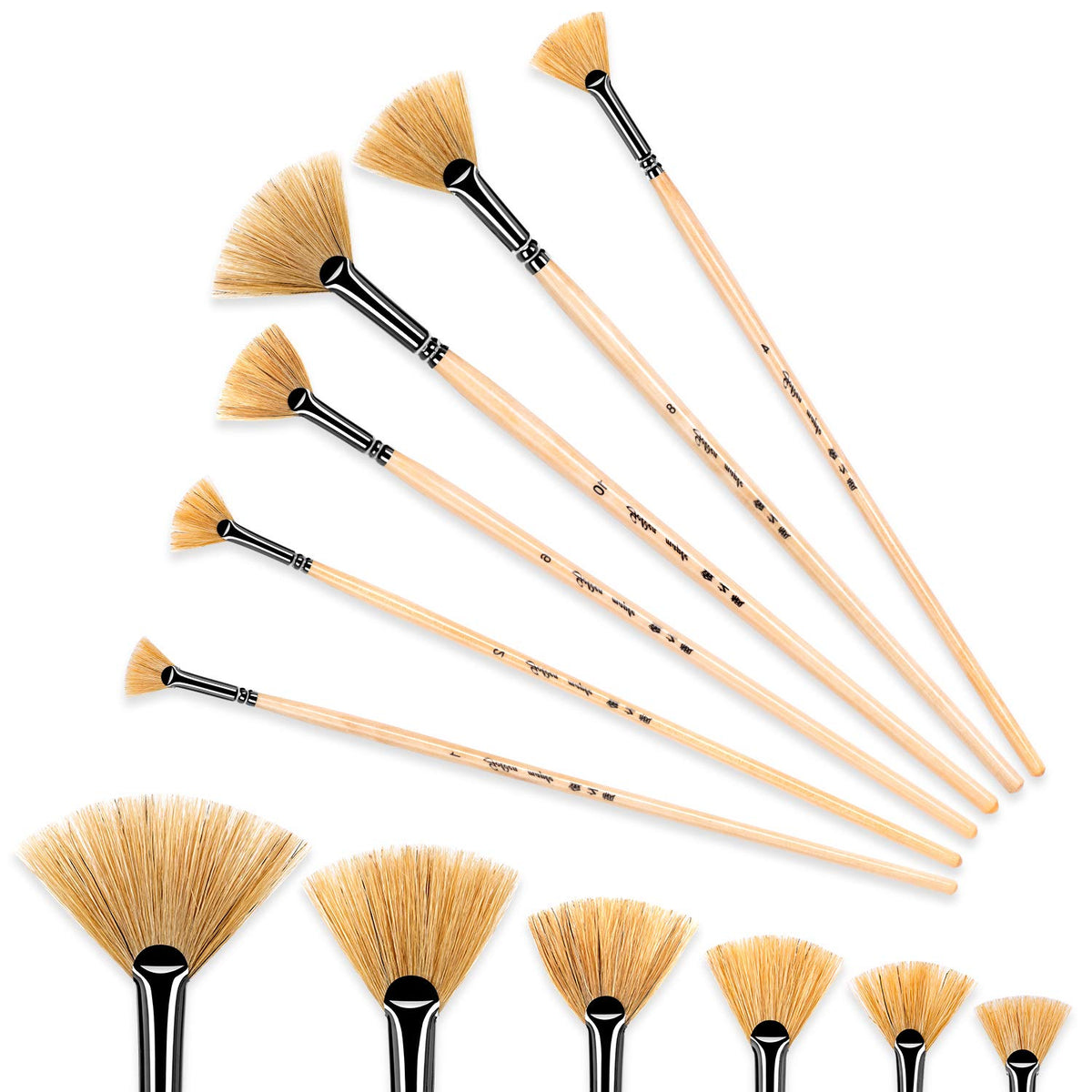 Artist Fan Paint Brush Set of 6, Hog Bristle Natural Hair Anti-Shedding Brush Tips, Long Wooden